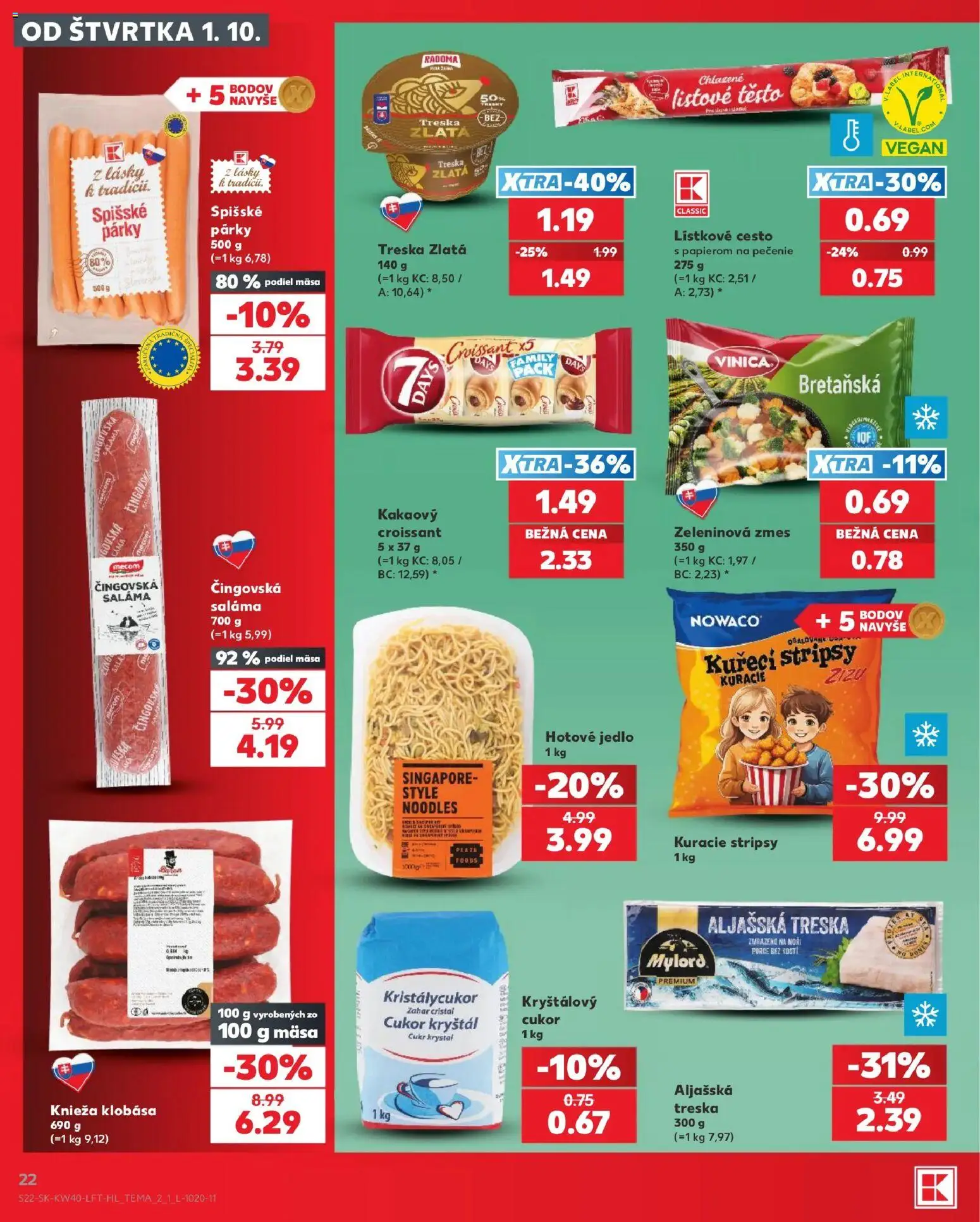 Nové Kaufland akcie – leták je platný od 01.10.2026 | Strana: 22 | Produkty: Cesto, Cukor, Kuracie stripsy, Treska