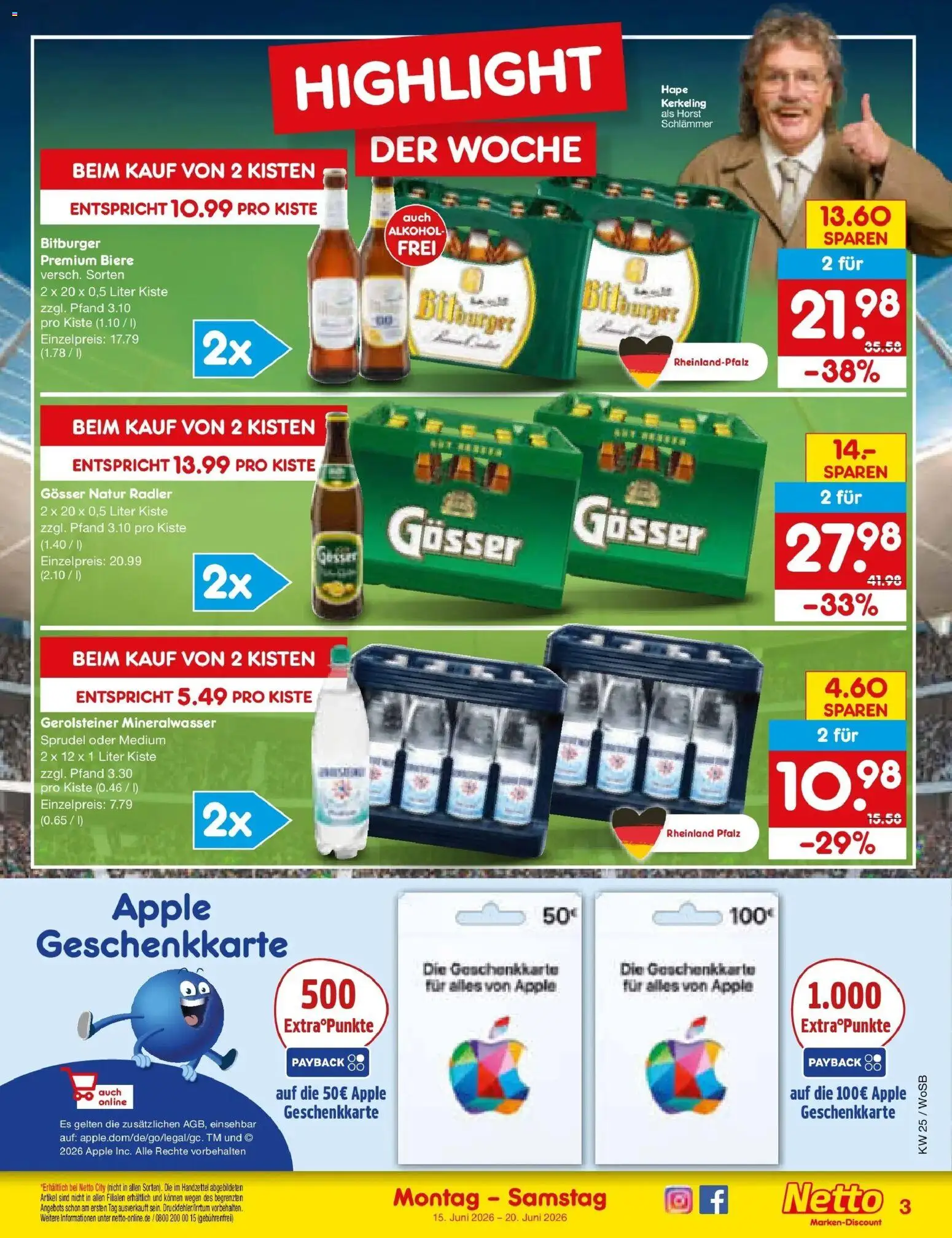 Netto Marken-Discount Prospekt Mannheim – gültig ab 14.06.2026 | Seite: 3 | Produkte: Bitburger, Mineralwasser, Apple, Gerolsteiner