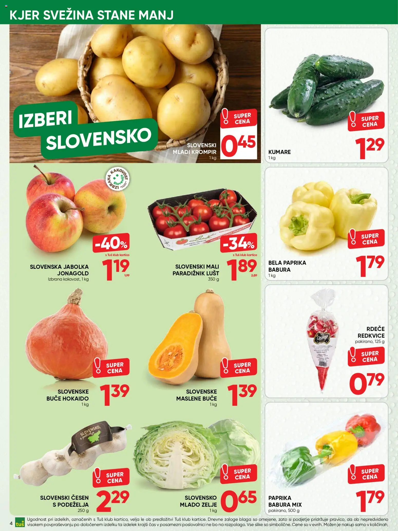 Novi Tuš katalog ponudbe – veljaven od 19.08.2026 | Stran: 4 | Izdelki: Redkvice, Paradiznik, Cesen, Zelje
