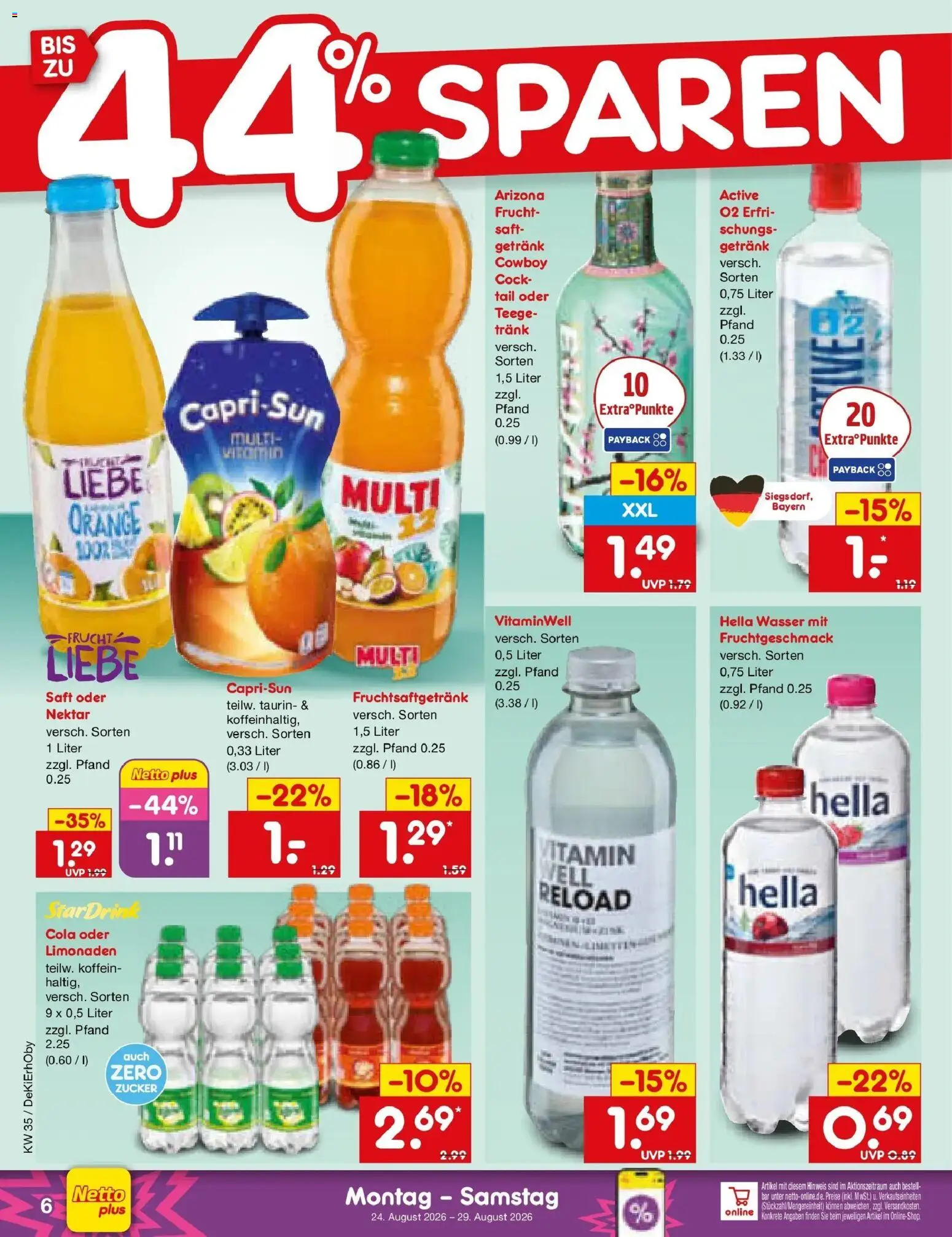 Netto Marken-Discount Prospekt Nürnberg (ab 24.08.2026) » Angebote | Seite: 6 | Produkte: Cola, Wasser, Hella, Saft