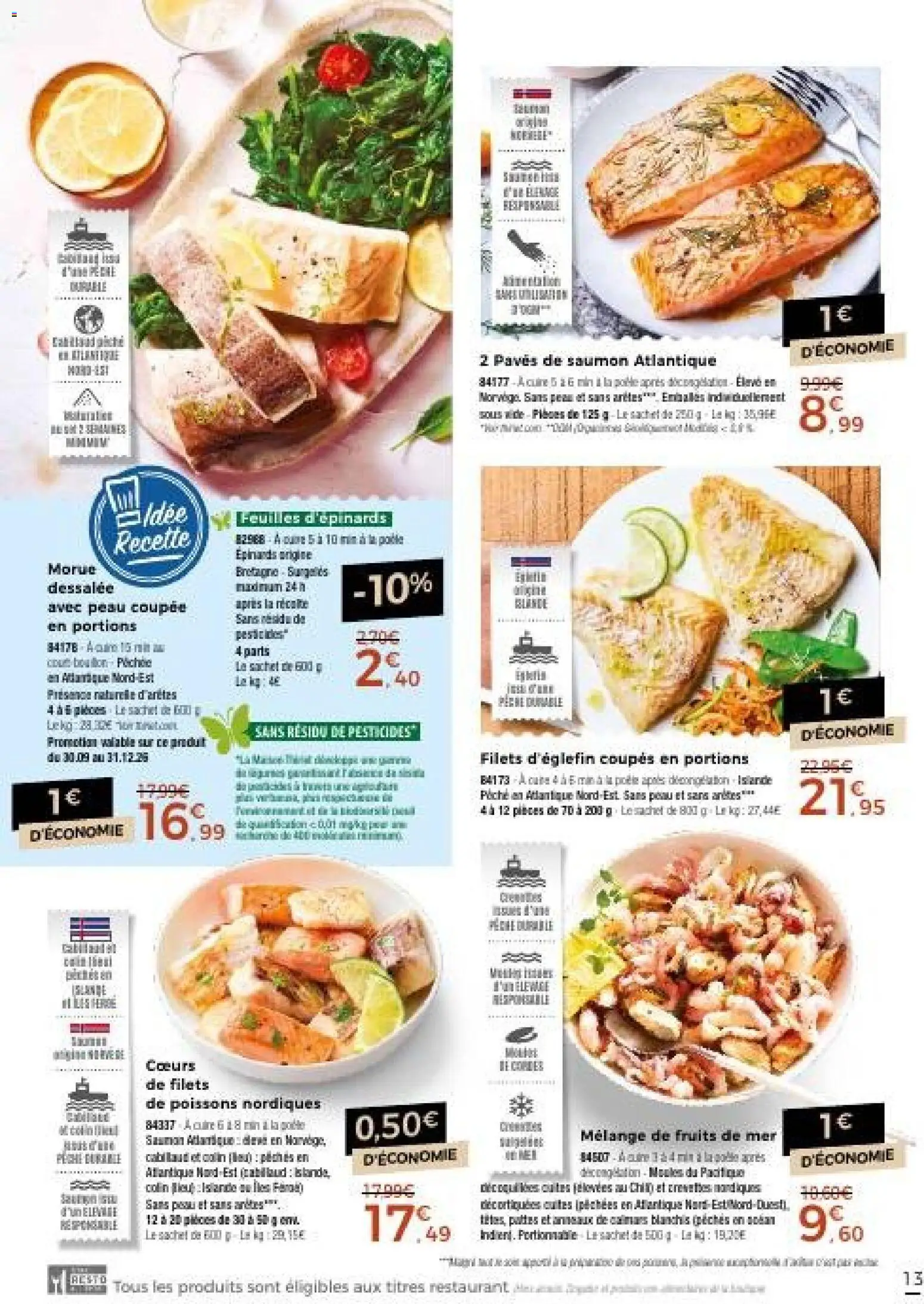 {H1} | Page: 13 | Produits: Épinards, Fruits, Poissons, Morue