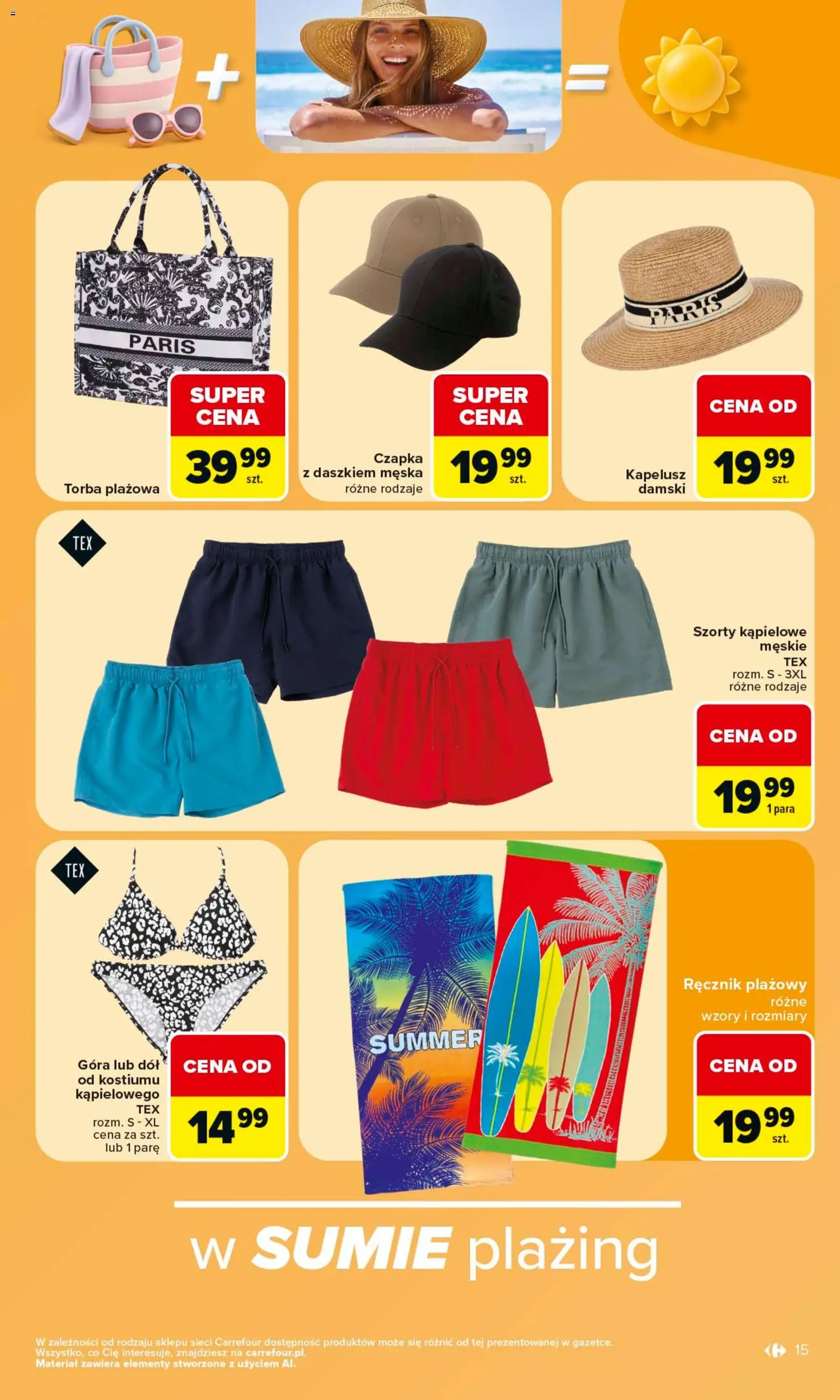Carrefour gazetka - W sumie same okazje od 08.06.2026 | Strona: 15 | Produkty: Szorty, Kapelusz, Czapka, Torba