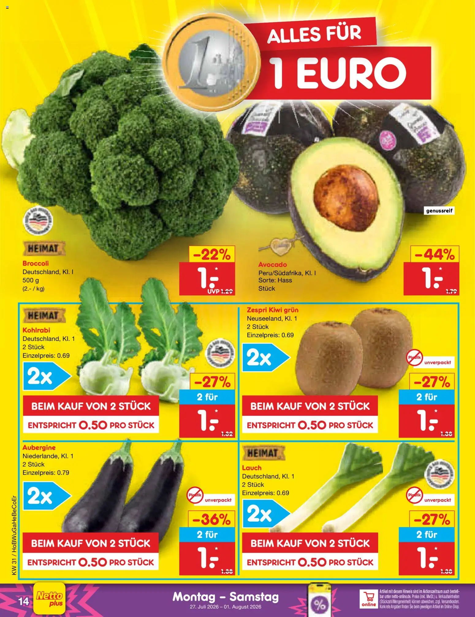 Netto Marken-Discount Prospekt – gültig ab 27.07.2026 | Seite: 24 | Produkte: Kohlrabi, Avocado, Aubergine, Kiwi