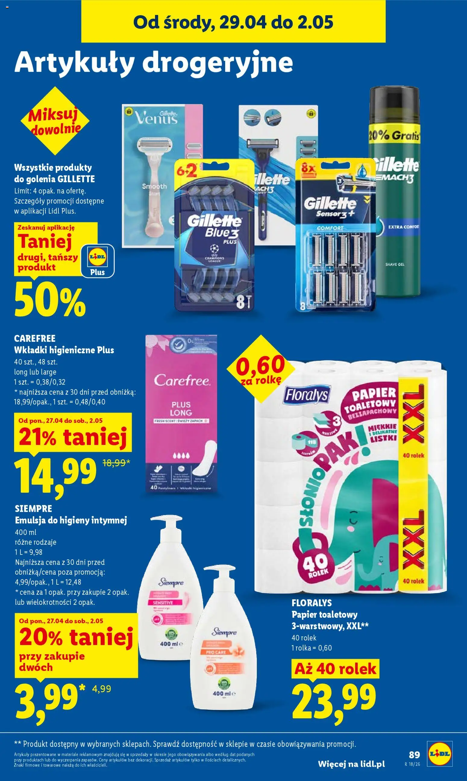 Lidl gazetka od 29.04.2026 | Strona: 93 | Produkty: Gillette, Papier toaletowy, Wkładki higieniczne, Zapach