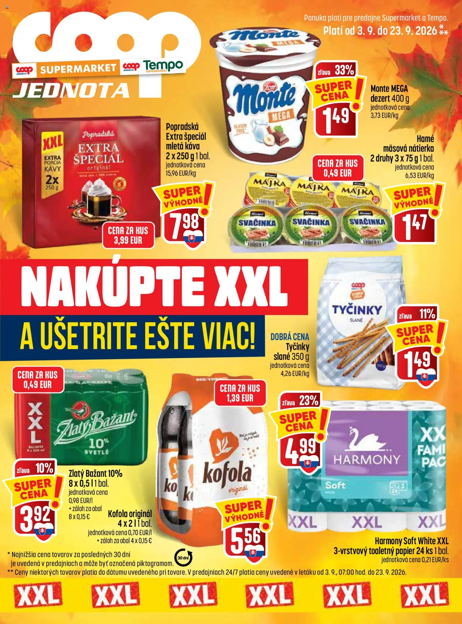 Nové COOP Jednota akcie – leták je platný od 03.09.2026 | Strana: 1 | Produkty: Káva, Nátierka, Toaletný papier, Dezert