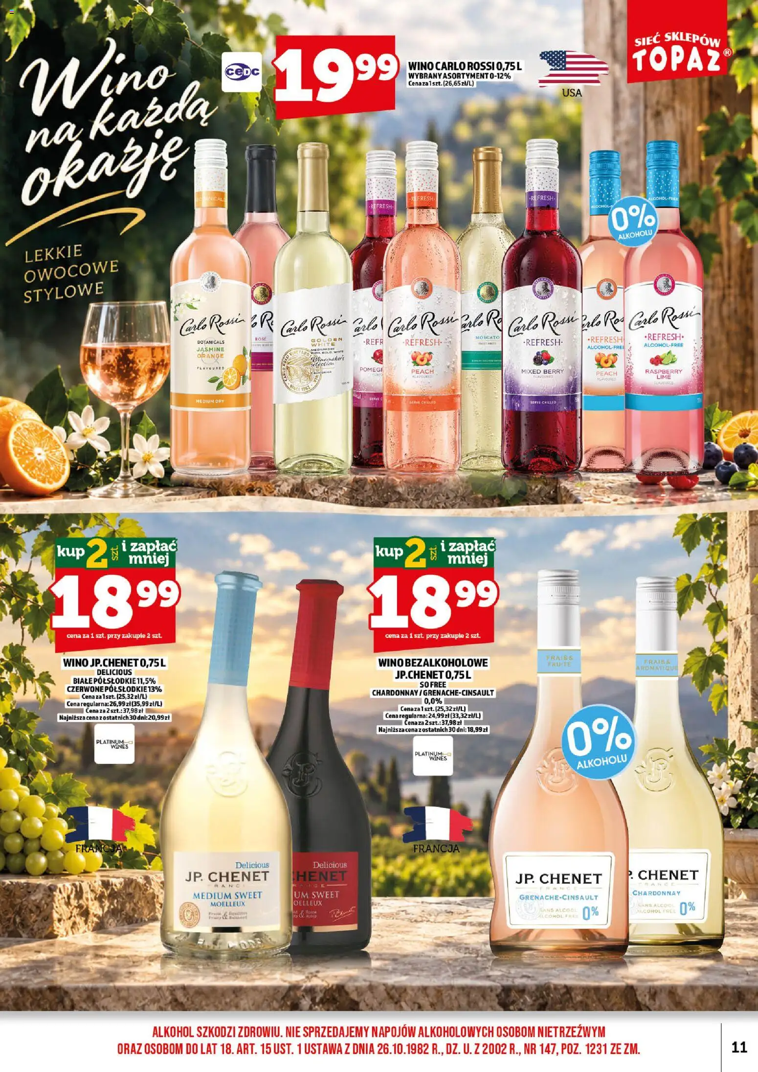 Topaz gazetka alkoholowa od 01.10.2026 | Strona: 13 | Produkty: Wino bezalkoholowe, Chardonnay, Wino, Carlo Rossi
