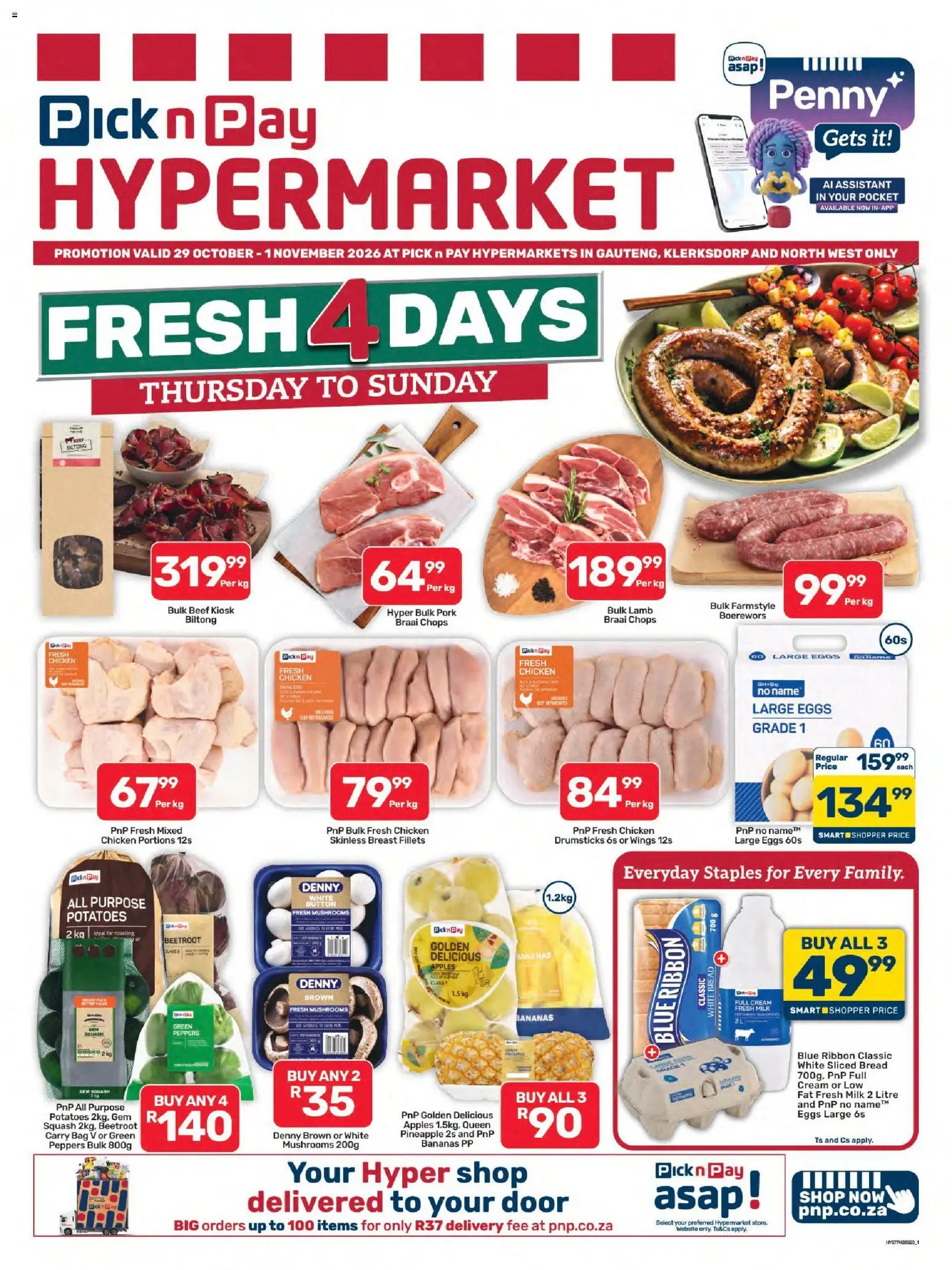 New Pick n Pay catalogue – valid from 29/10/2026 | Page: 1 | Products: Mushrooms, Squash, Bread, Pork