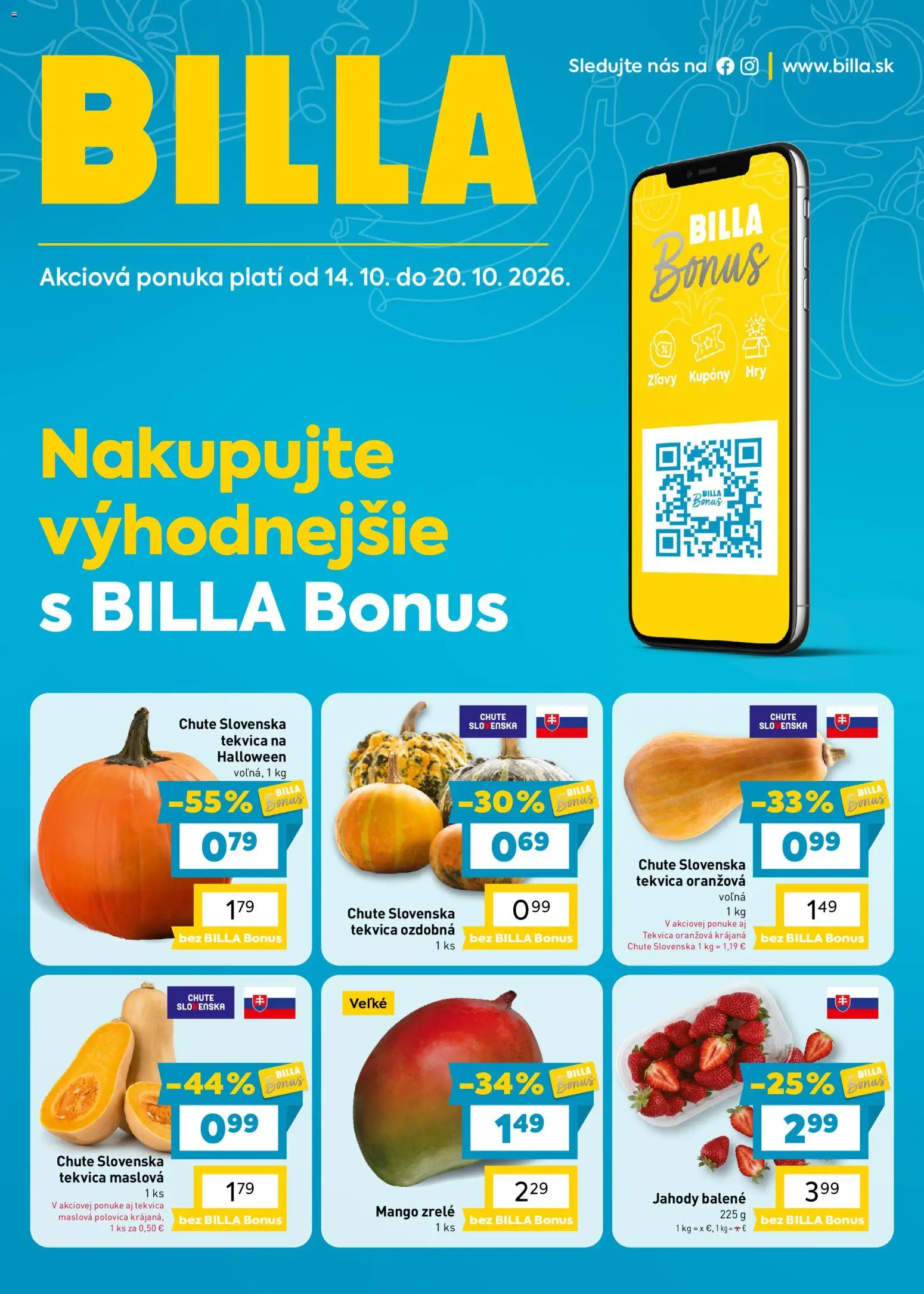 Nové Billa akcie – leták je platný od 14.10.2026 | Strana: 1 | Produkty: Jahody, Mango, Tekvica