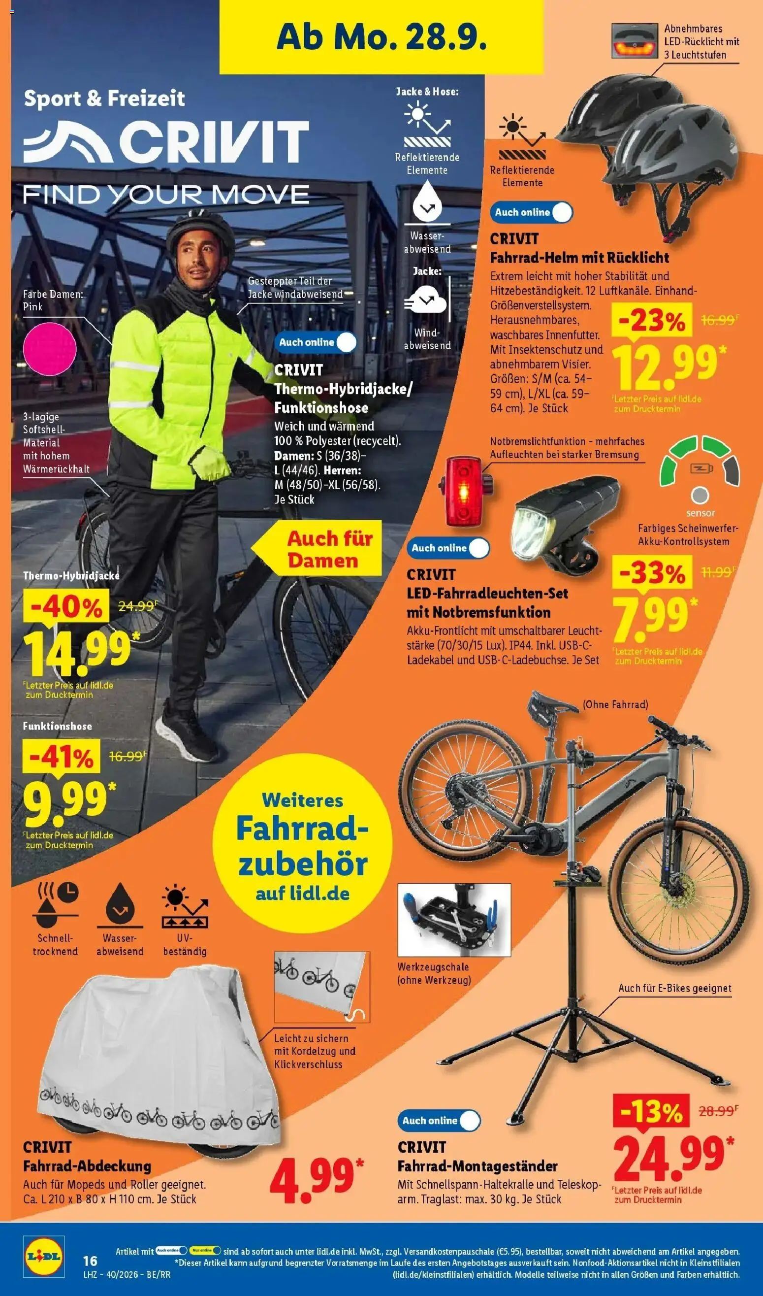 Lidl Prospekt Hagen (ab 28.09.2026) zum Blättern » Angebote | Seite: 32 | Produkte: Fahrradhelm, Ladekabel, Jacke, Hose