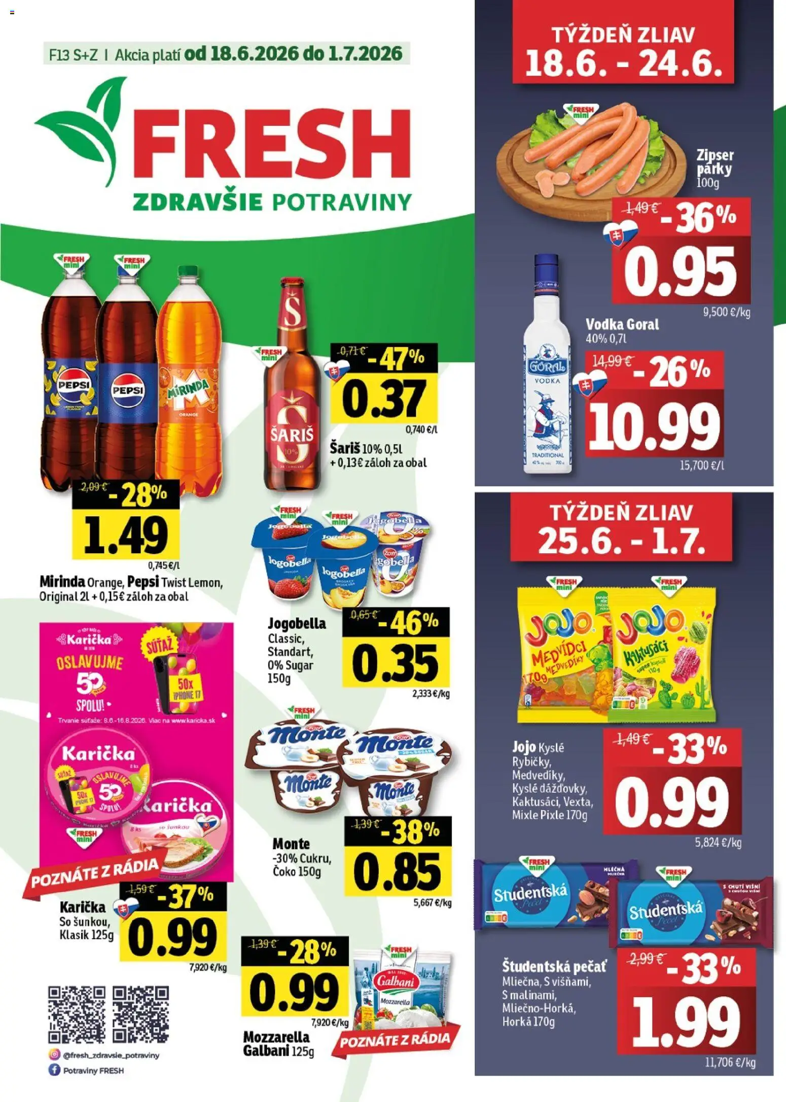 Nové Fresh akcie – leták je platný od 18.06.2026 | Strana: 1 | Produkty: Mozzarella, Šariš, Vodka, Pepsi