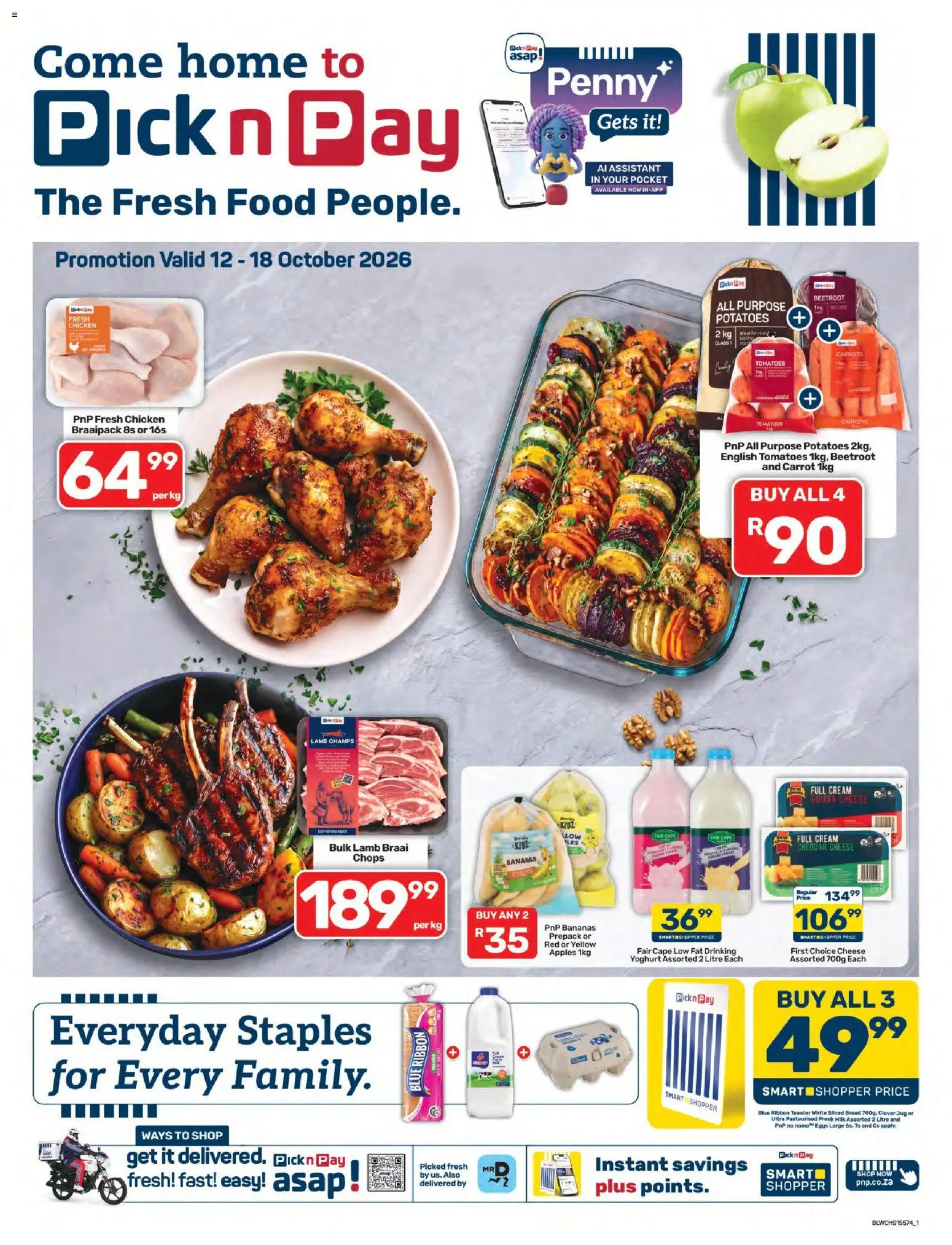 New Pick n Pay catalogue – valid from 12/10/2026 | Page: 1 | Products: Chicken, Carrots, Cheddar, Potatoes