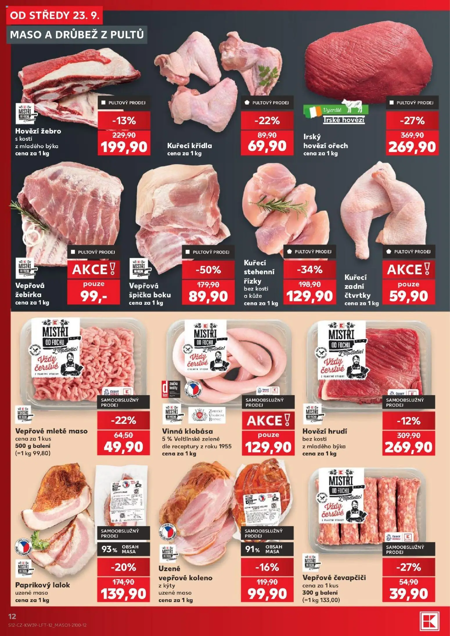 Kaufland leták - Liberec od 23.09.2026 | Strana: 12 | Produkty: Drůbež, Kuřecí stehenní řízky, Koleno, Vinná klobása