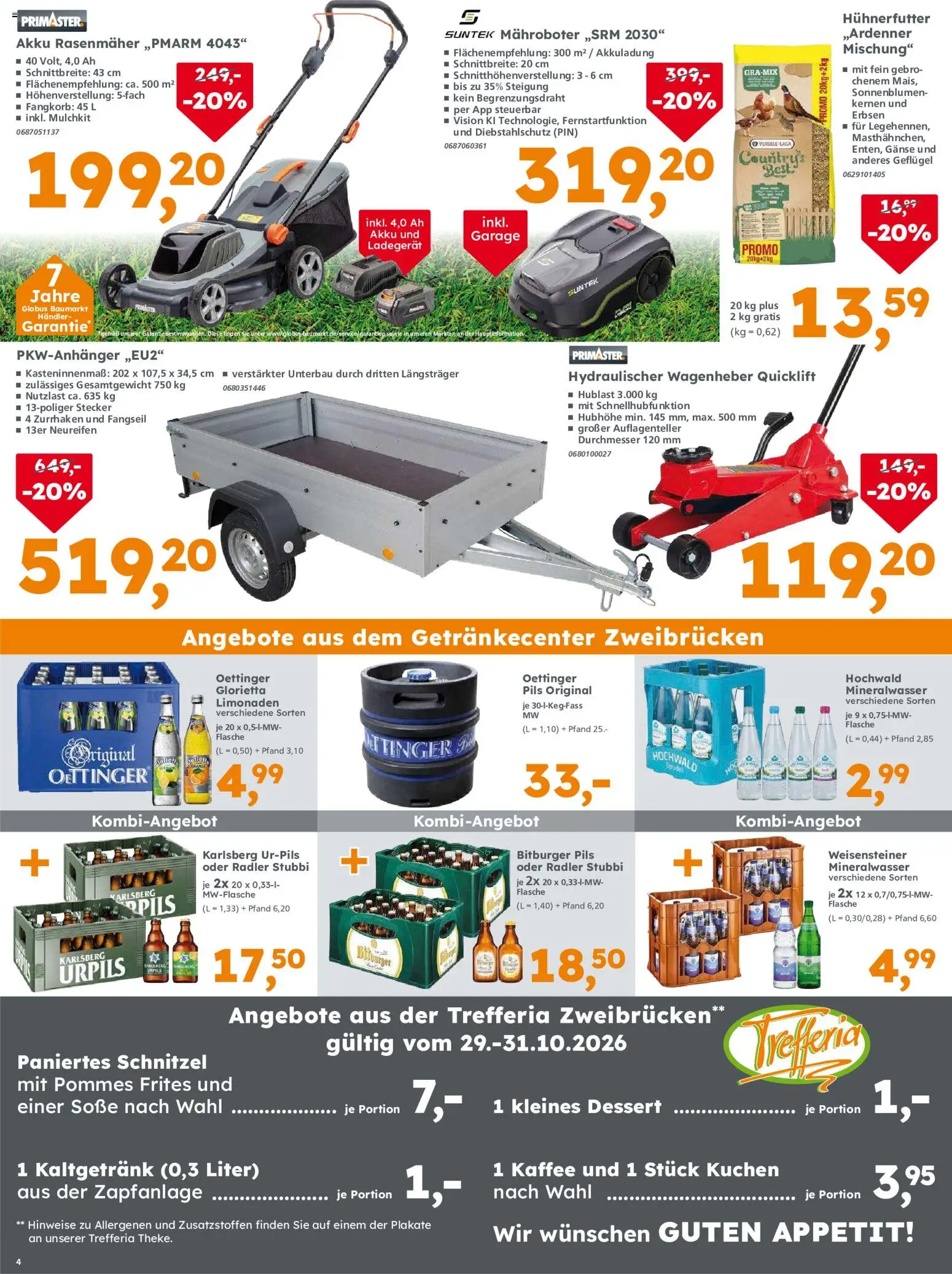Globus Baumarkt Prospekt Zweibrücken – gültig ab 29.10.2026 | Seite: 4 | Produkte: Bitburger, Schnitzel, Radler, Soße