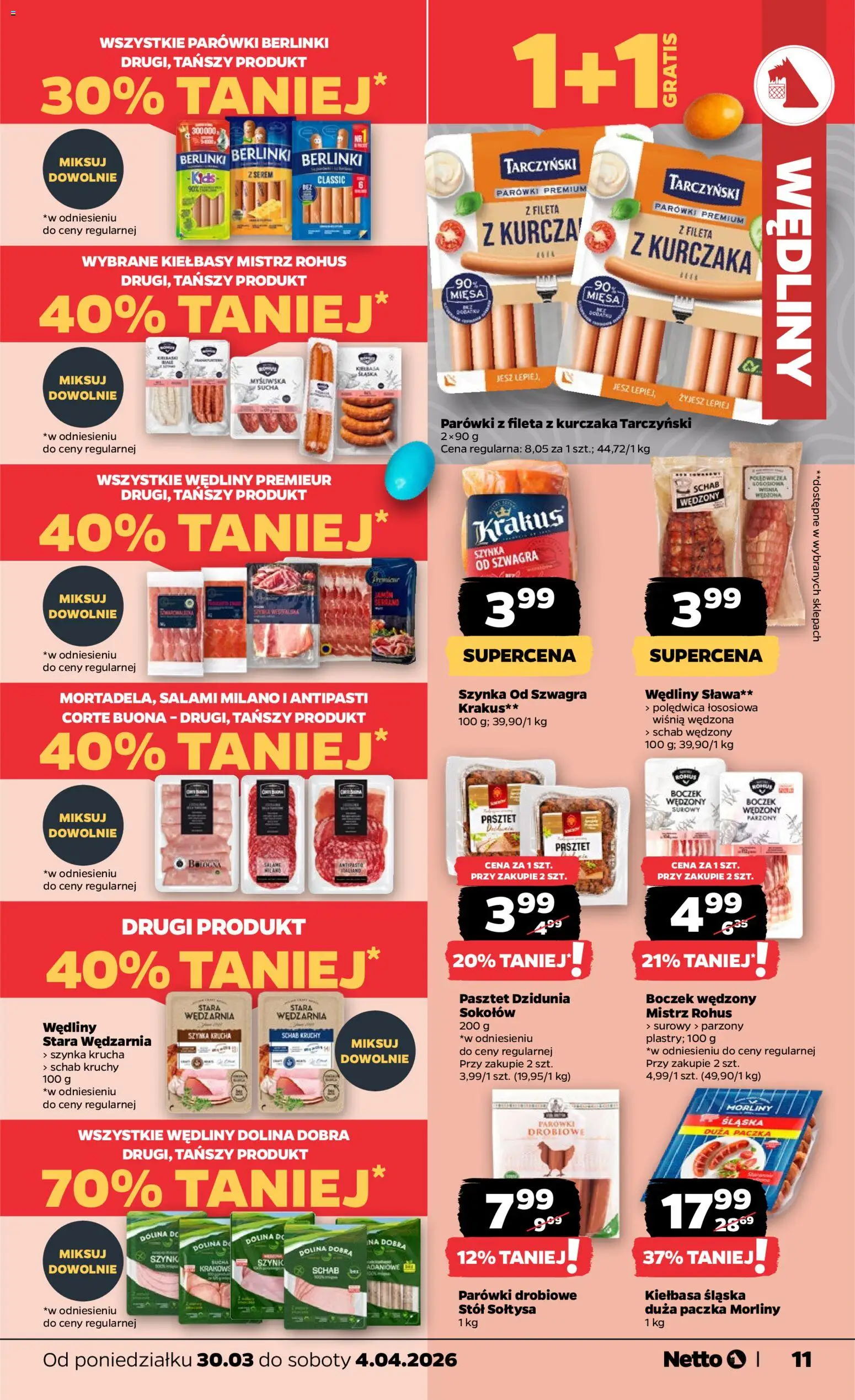 Netto gazetka od poniedziałku spożywcza od 30.03.2026 | Strona: 11 | Produkty: Schab, Myśliwska, Boczek, Salami