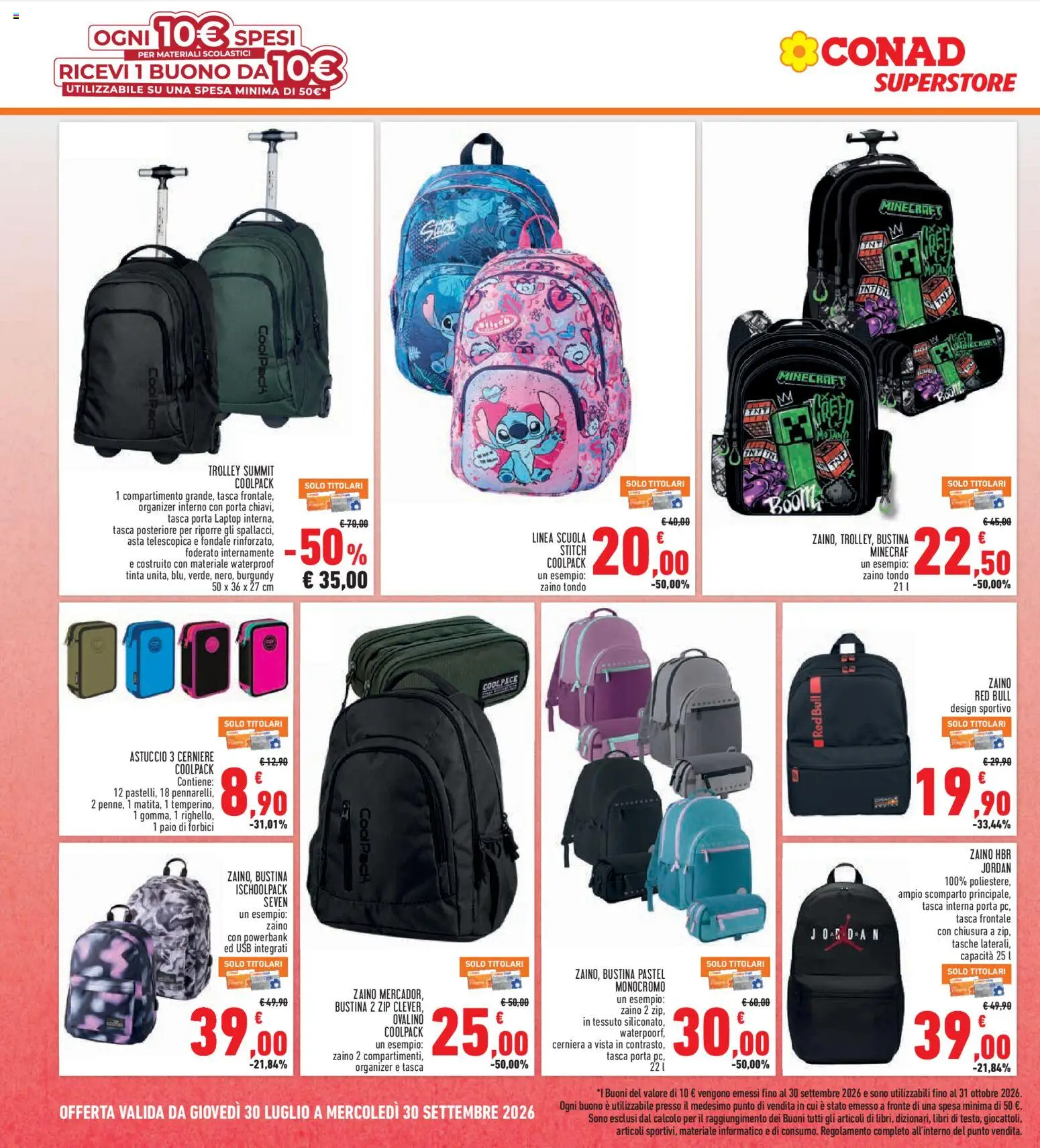 Volantino Conad del 30/07/2026 | Pagina: 26 | Prodotti: Jordan, Zaino, Astuccio, Red Bull