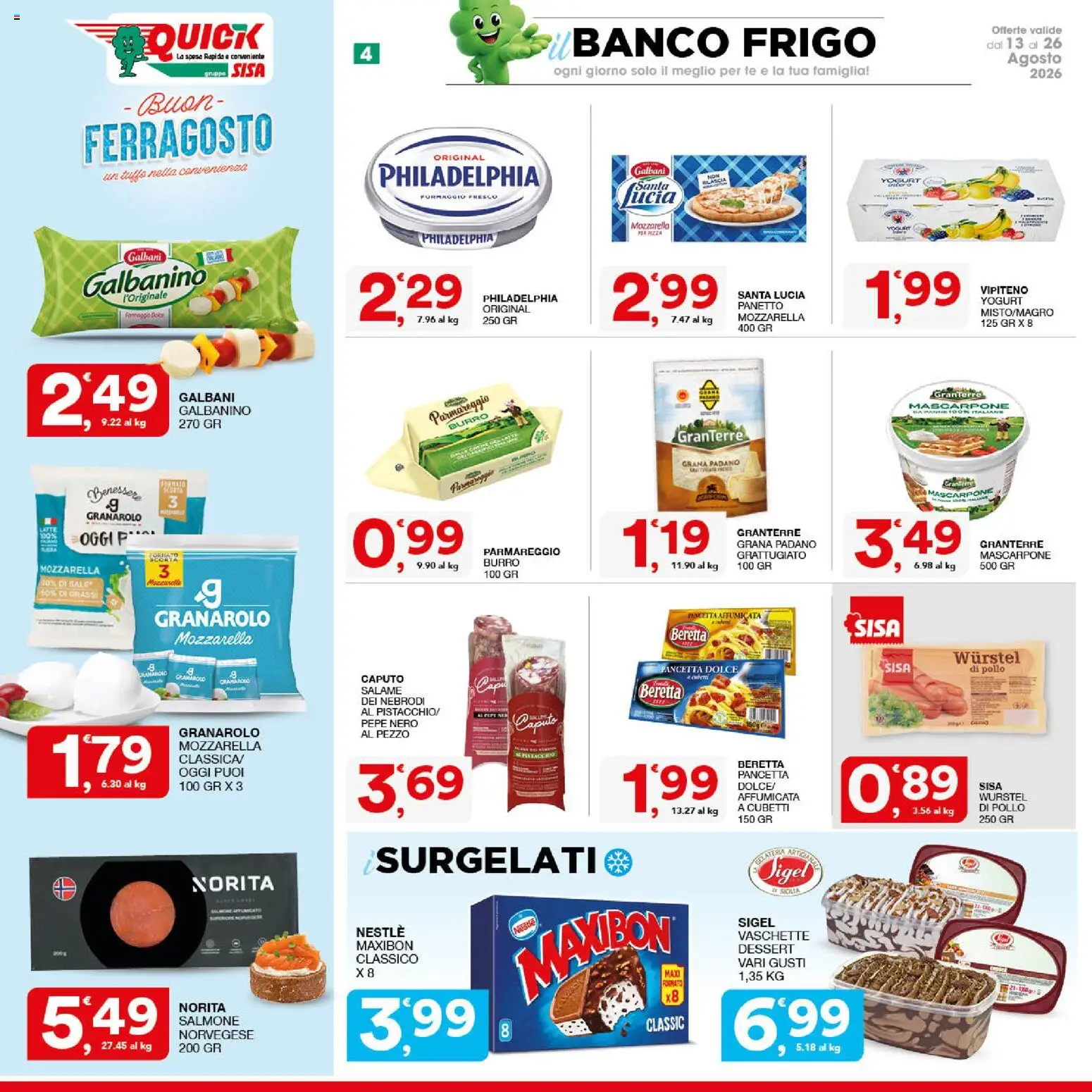 Volantino SISA del 13/08/2026 | Pagina: 4 | Prodotti: Yogurt, Pancetta, Mozzarella, Burro