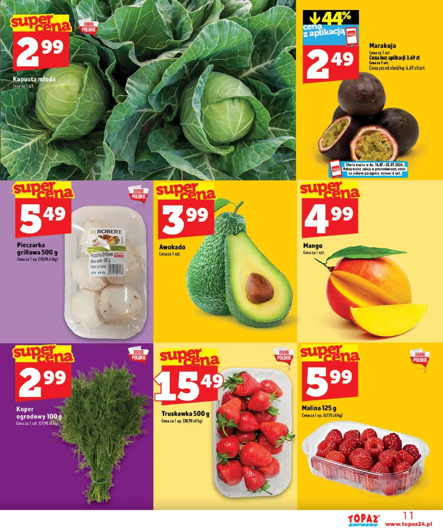 Topaz gazetka - Express od 16.07.2026 | Strona: 11 | Produkty: Mango, Kapusta, Malina, Awokado