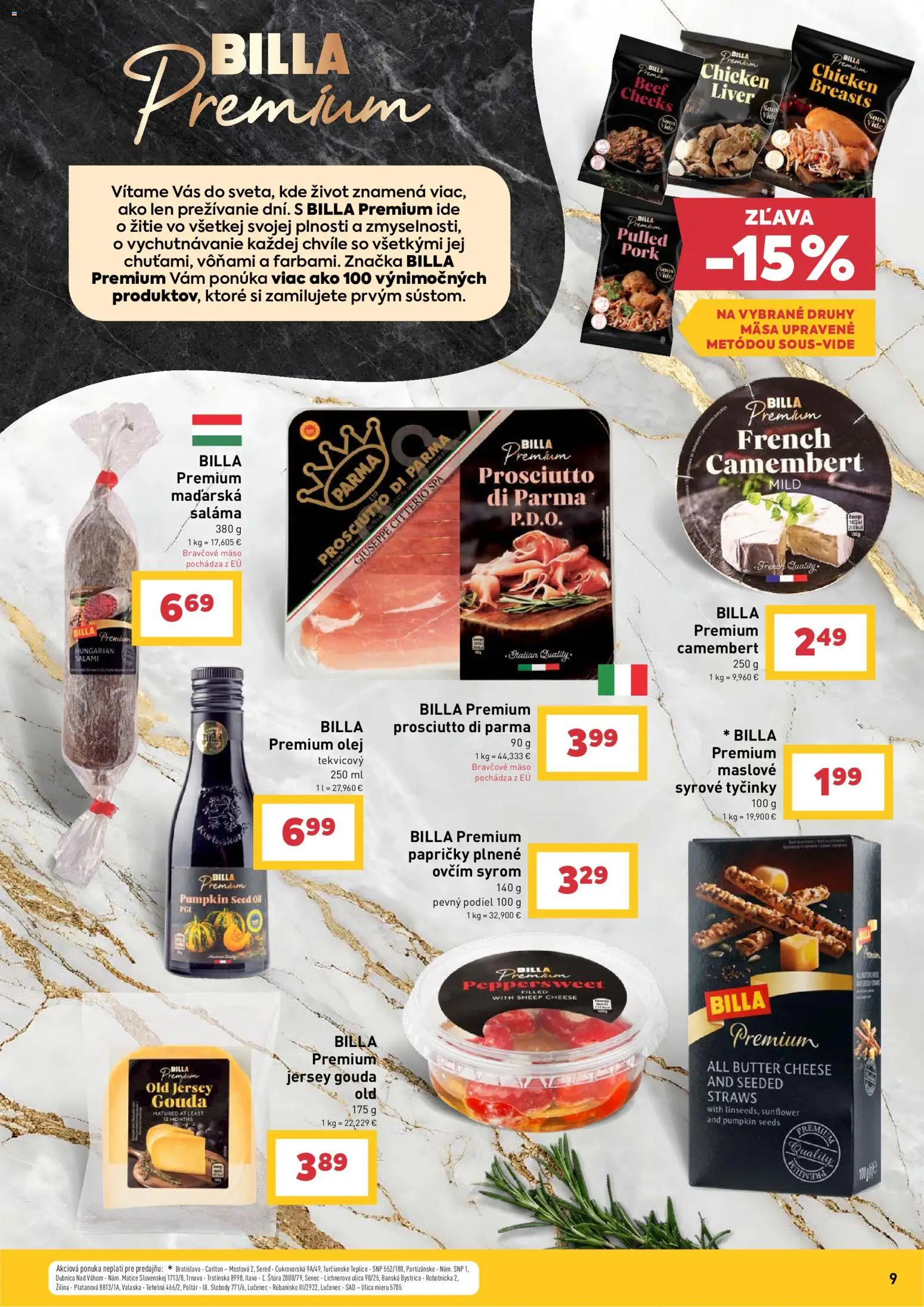 Nové Billa akcie – leták je platný od 09.09.2026 | Strana: 9 | Produkty: Saláma, Gouda, Syrové tyčinky, Camembert