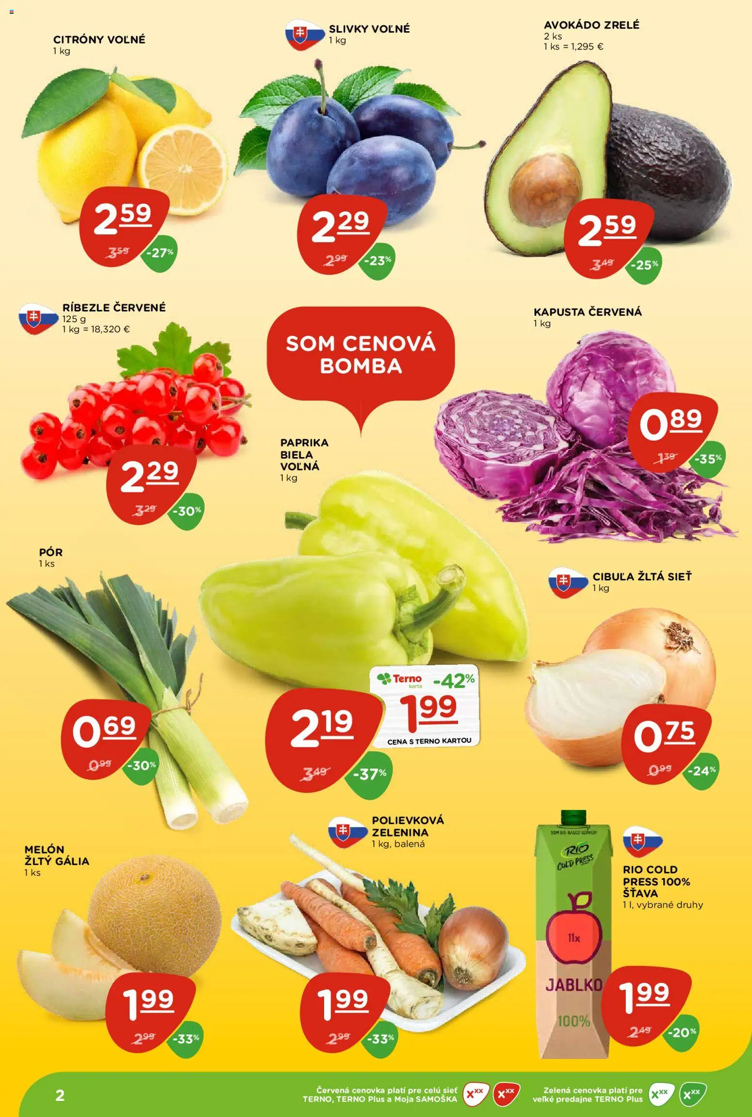 Nové Terno akcie – leták je platný od 30.07.2026 | Strana: 2 | Produkty: Kapusta červená, Citróny, Avokádo, Melón