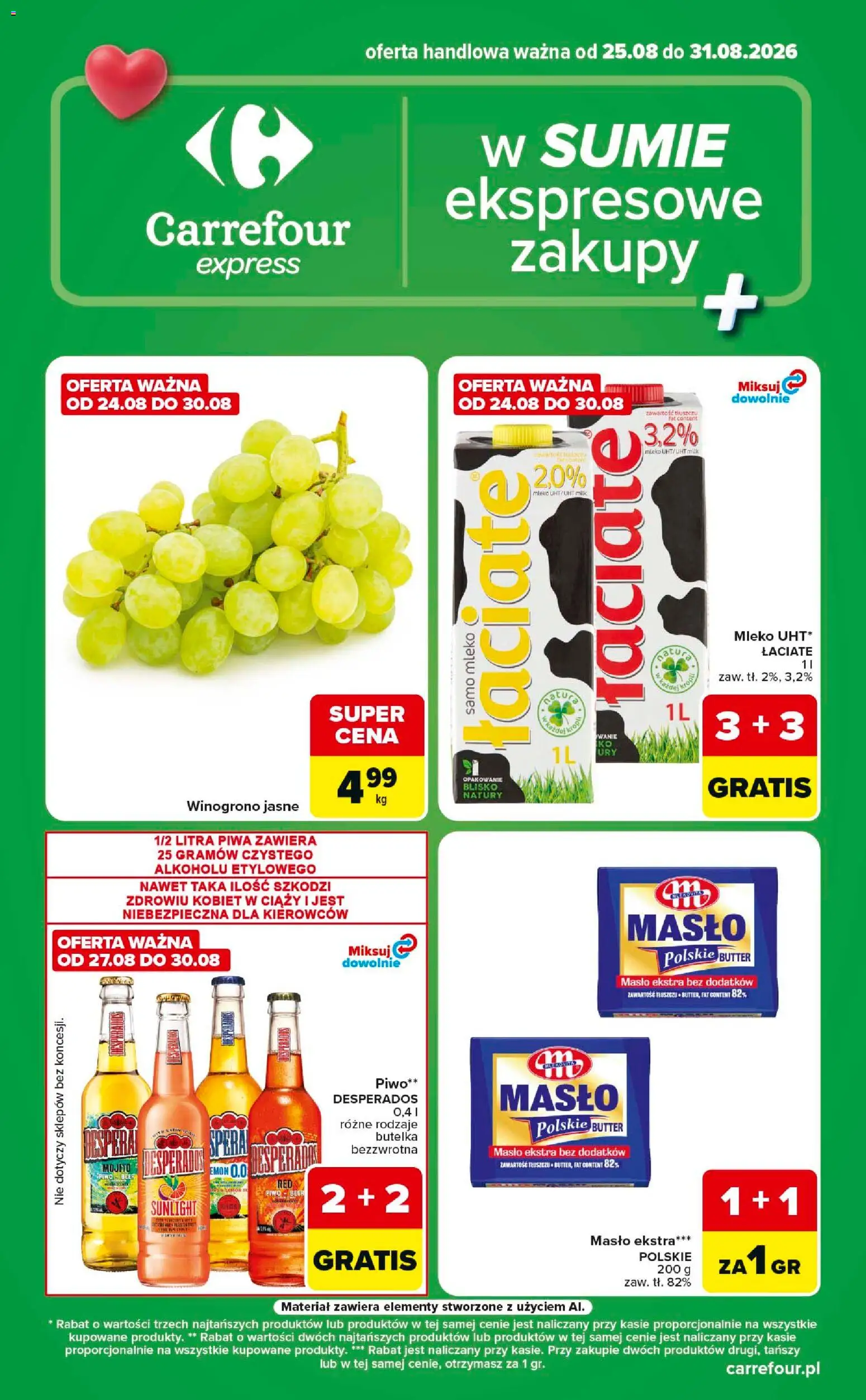 Carrefour gazetka - Express od 25.08.2026 | Strona: 1 | Produkty: Winogrono, Mleko, Piwo, Desperados