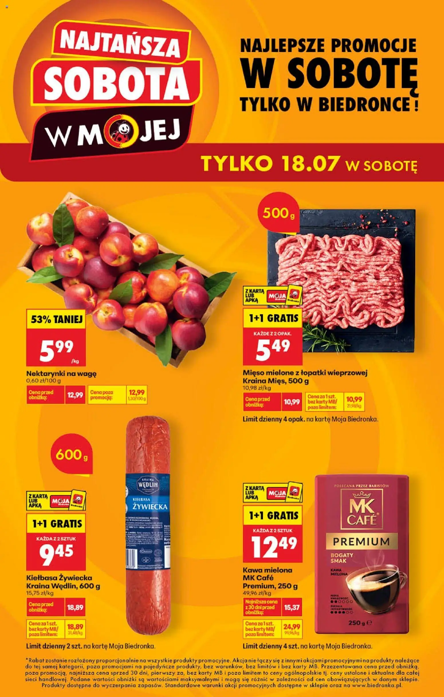Biedronka gazetka - Najtańsza sobota od 18.07.2026 | Strona: 1 | Produkty: Kiełbasa, Kraina mięs, Mięso mielone, Kawa