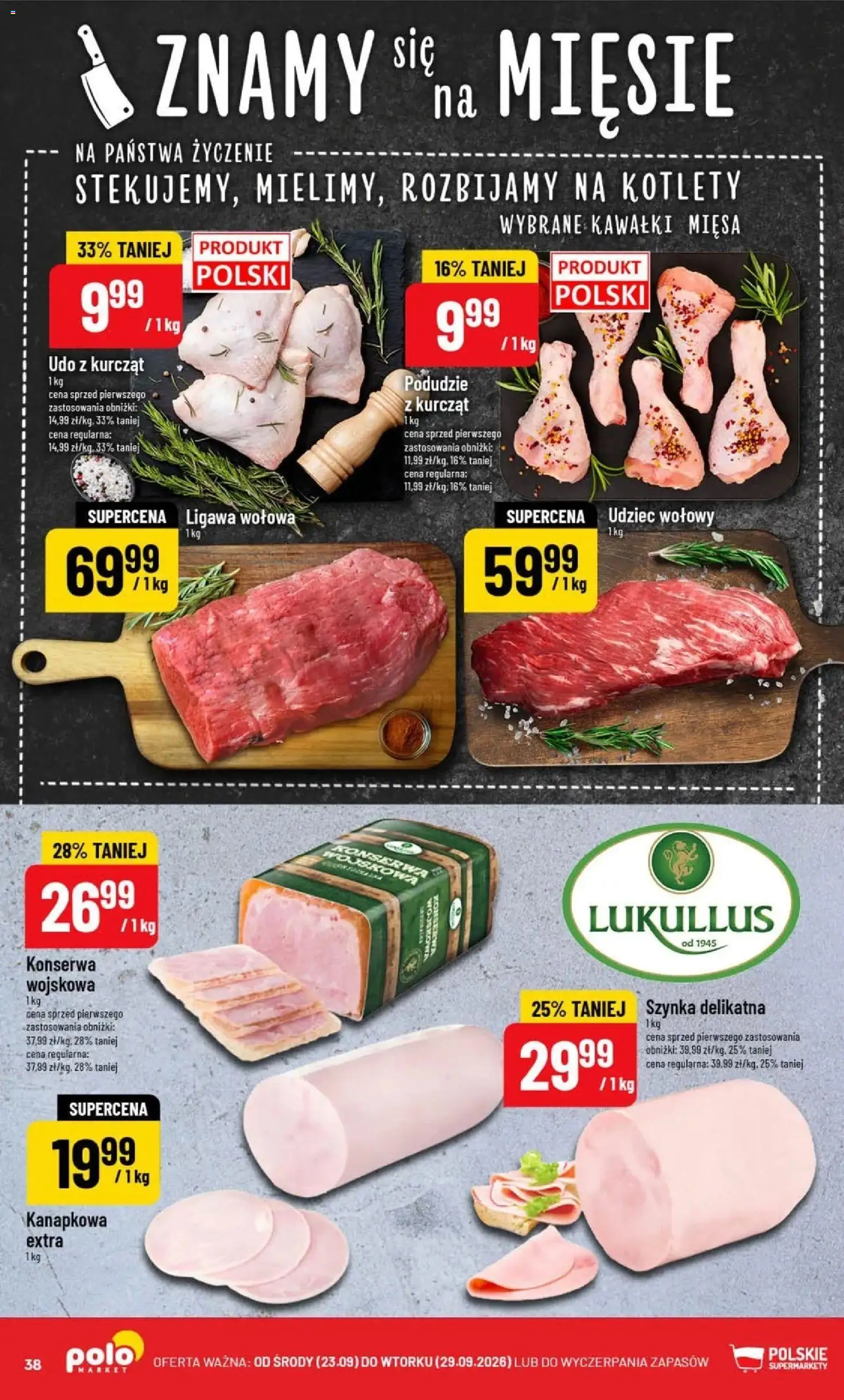 Nowa POLOmarket gazetka od jutra 23.09.2026 | Strona: 38 | Produkty: Udziec wołowy, Szynka, Kotlety