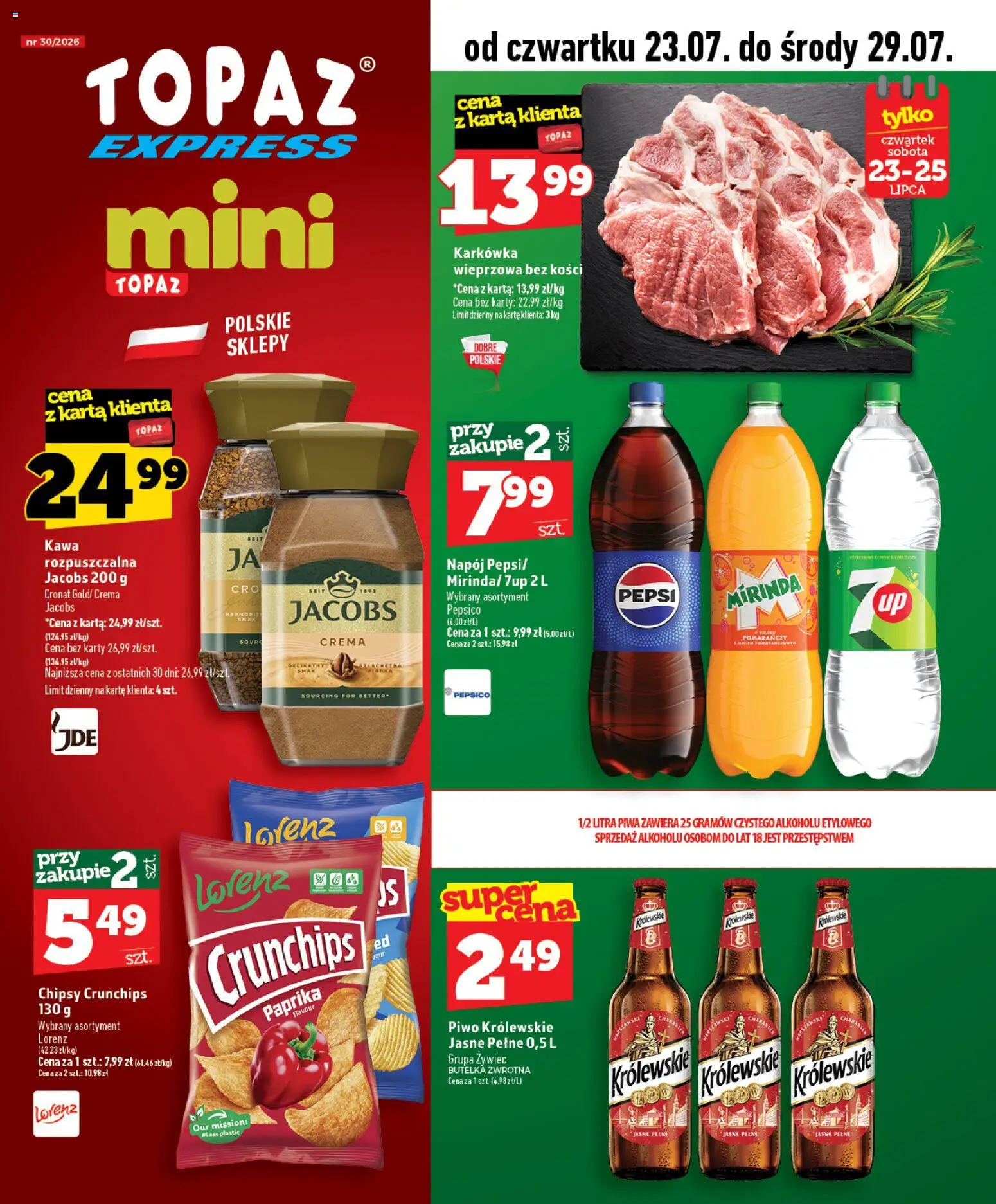 Topaz gazetka - Express od 23.07.2026 | Strona: 1 | Produkty: Karta, Karkówka, Kawa, Piwo