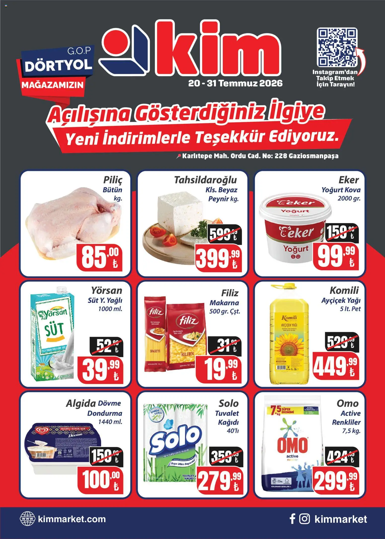 Kim Market Katalog - Yeni Mağaza Açılış Özel - 20 Temmuz 2026 tarihinden itibaren geçerlidir | Sayfa: 1 | Ürünler: Peynir, Yoğurt, Makarna, Piliç