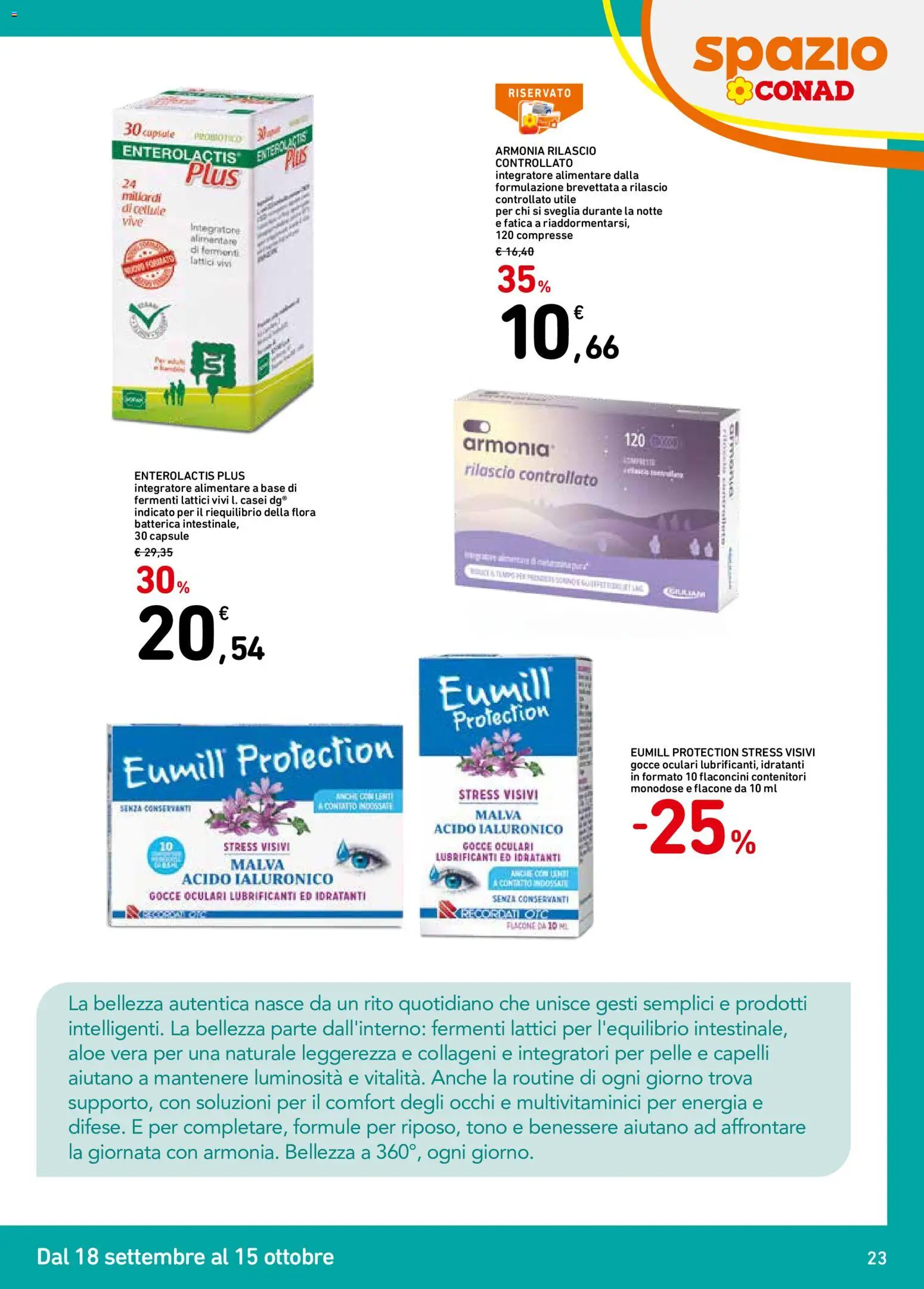 Volantino Spazio Conad del 18/09/2026 | Pagina: 23 | Prodotti: Sveglia, Lenti, Integratore alimentare, Aloe vera