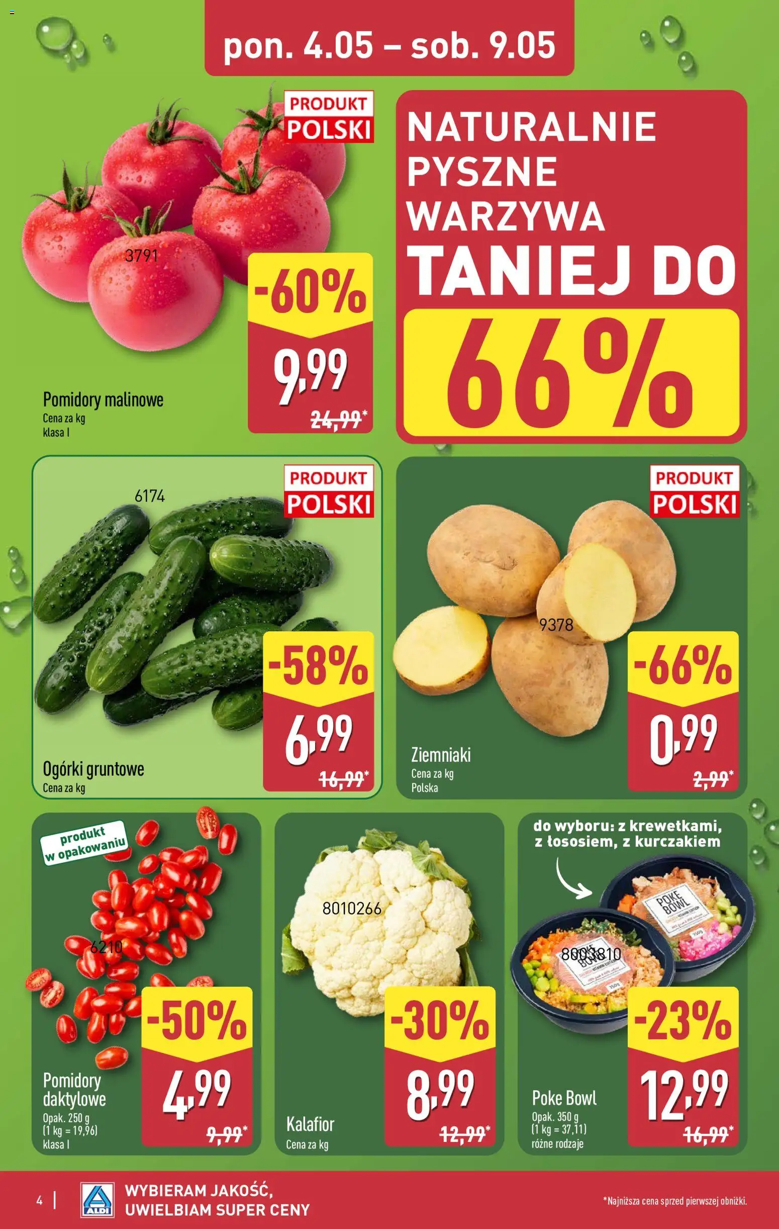 Aldi gazetka od 04.05.2026 | Strona: 4 | Produkty: Kalafior, Pomidory malinowe, Ogórki, Ogórki gruntowe