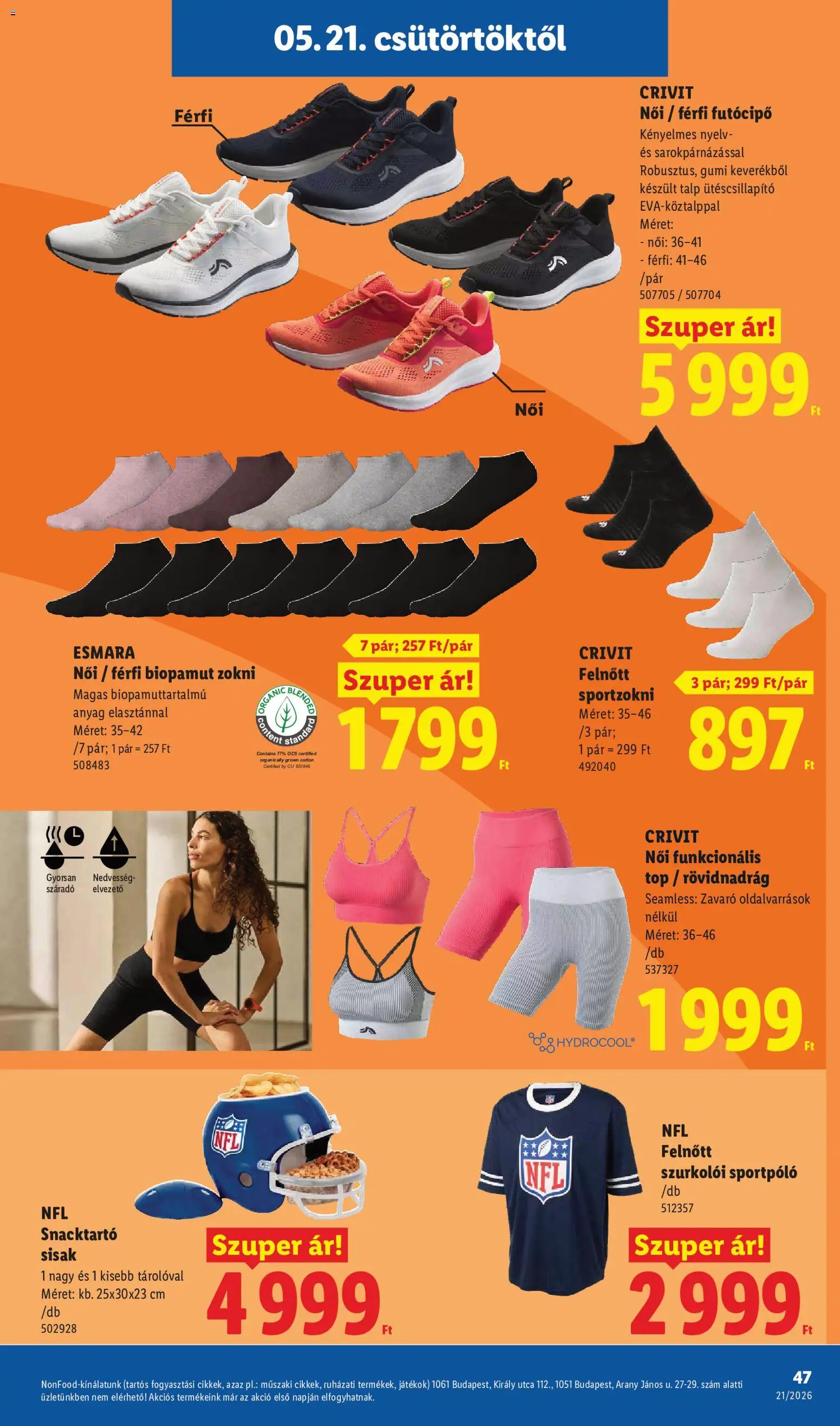Lidl akciós ujság - amely érvényes a következő dátumtól: 21.05.2026 | Oldal: 47 | Termékek: Futócipő, Játékok, Rövidnadrág, Zokni