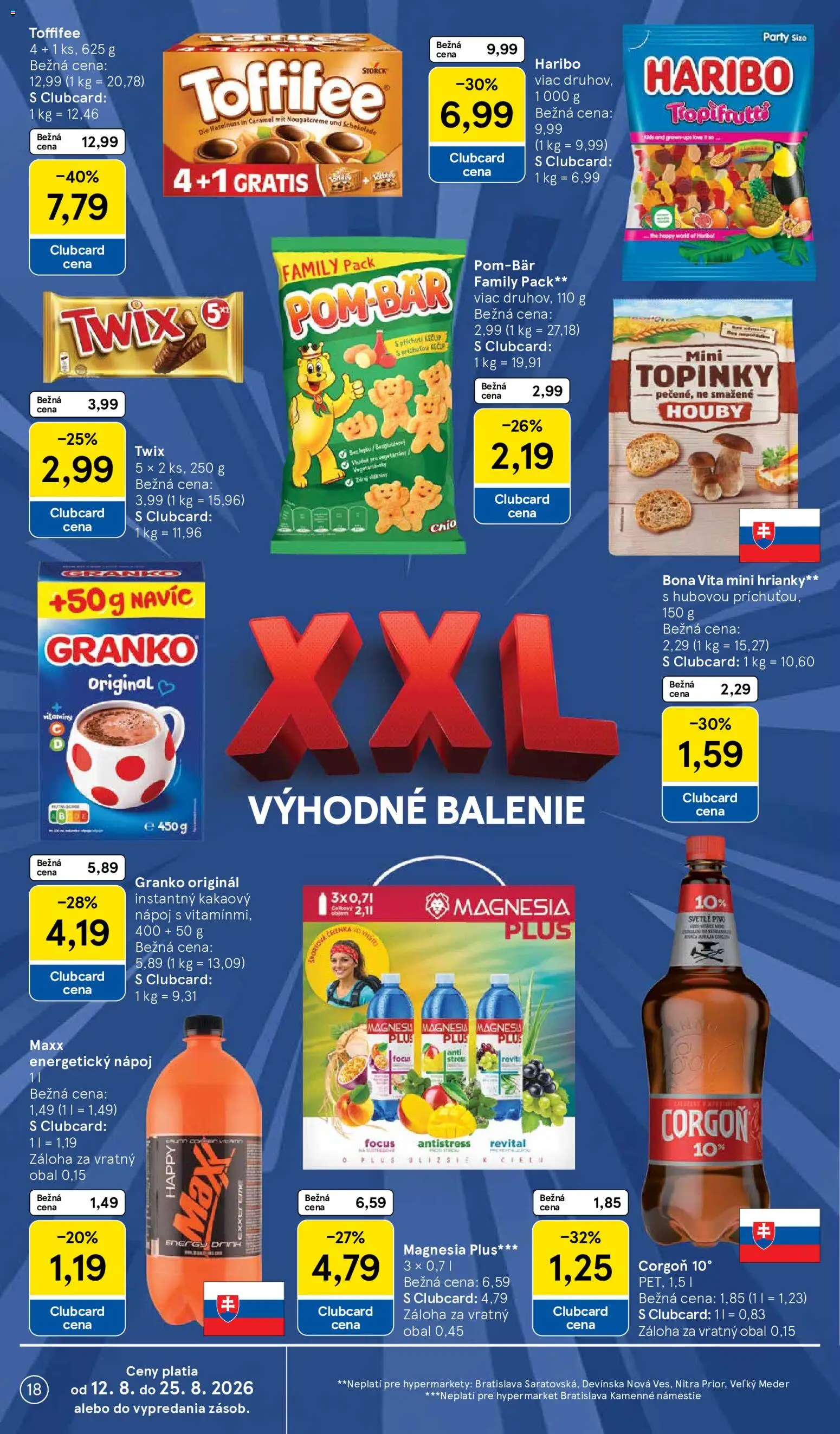 Nové Tesco akcie – leták je platný od 12.08.2026 | Strana: 18 | Produkty: Magnesia, Corgoň, Hrianky, Kečup
