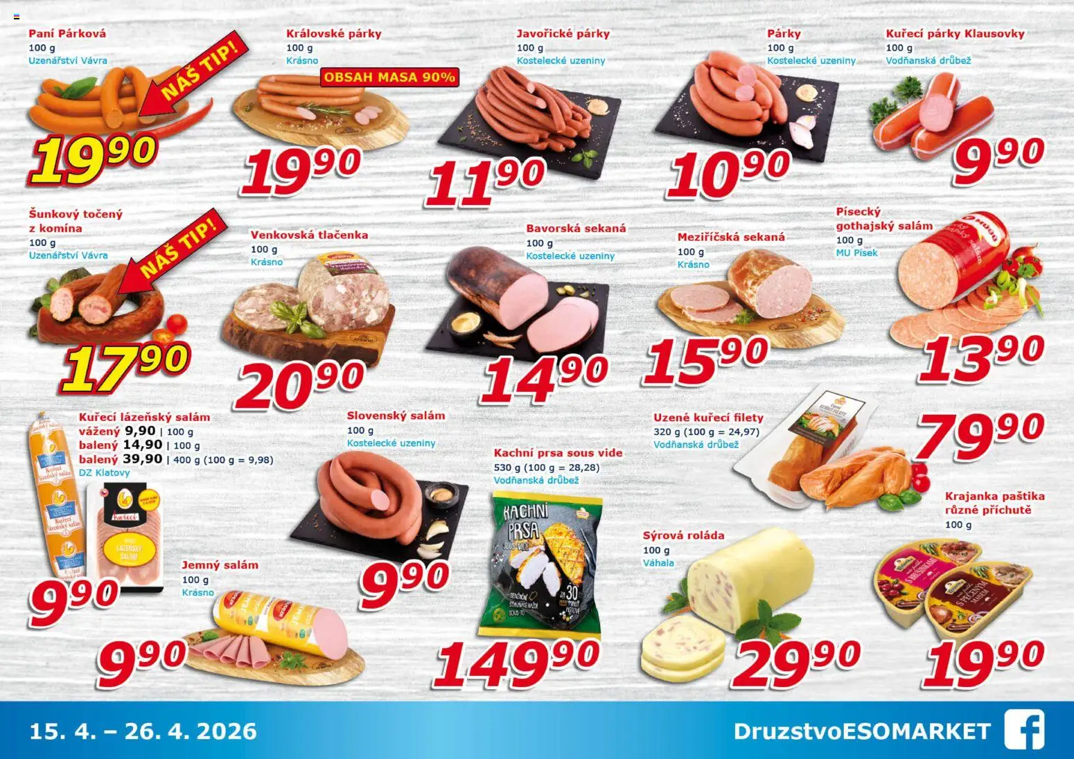 Eso market leták od 15.04.2026 | Strana: 4 | Produkty: Sous vide, Písek, Kachní prsa, Paštika