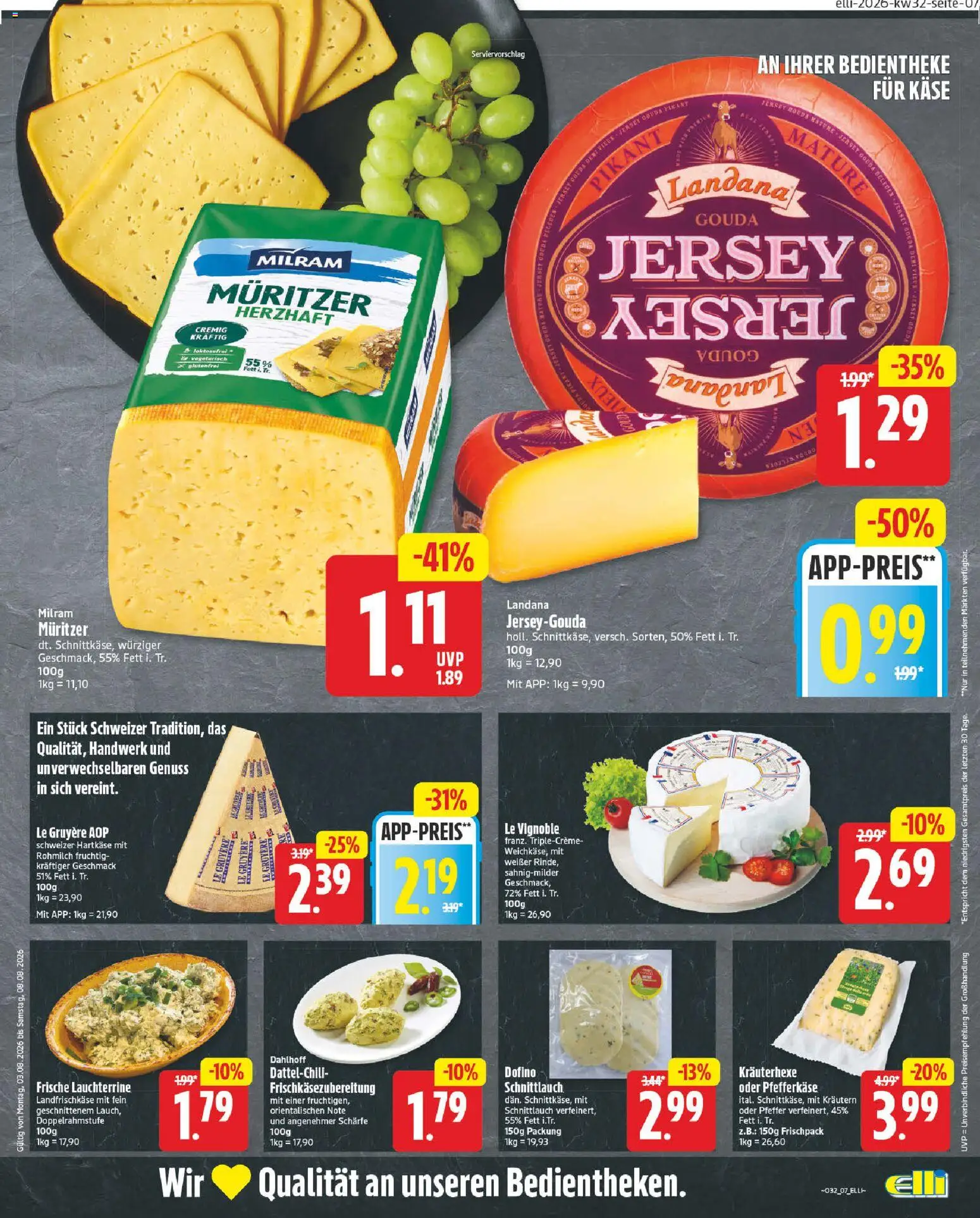 Elli Markt Prospekt Gütersloh – gültig ab 03.08.2026 | Seite: 7 | Produkte: Käse, Gouda, Milram, Pfeffer