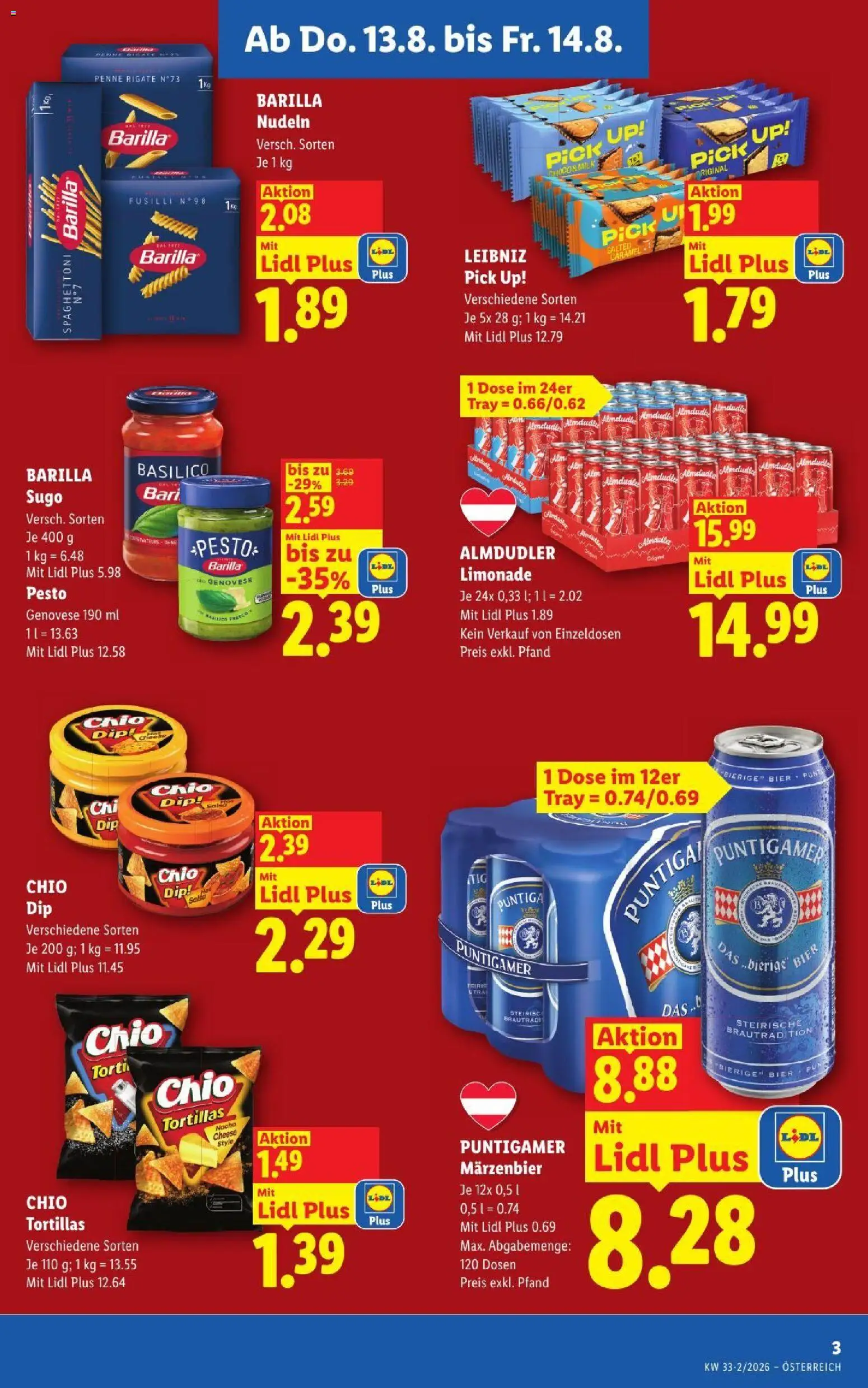 Lidl - Flugblatt gültig ab 13.08.2026 | Seite: 3 | Produkte: Pasta, Barilla, Bier, Nudeln