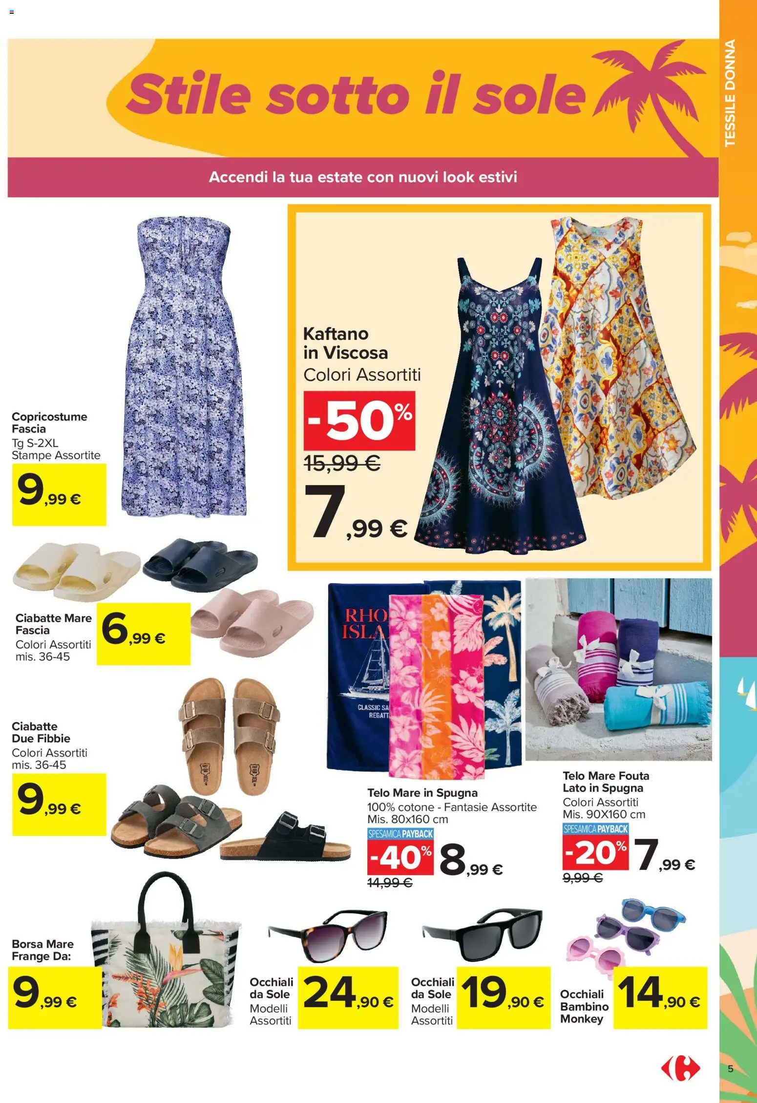 Volantino Carrefour del 01.06.2026 | Pagina: 5 | Prodotti: Spugna, Ciabatte, Occhiali, Borsa