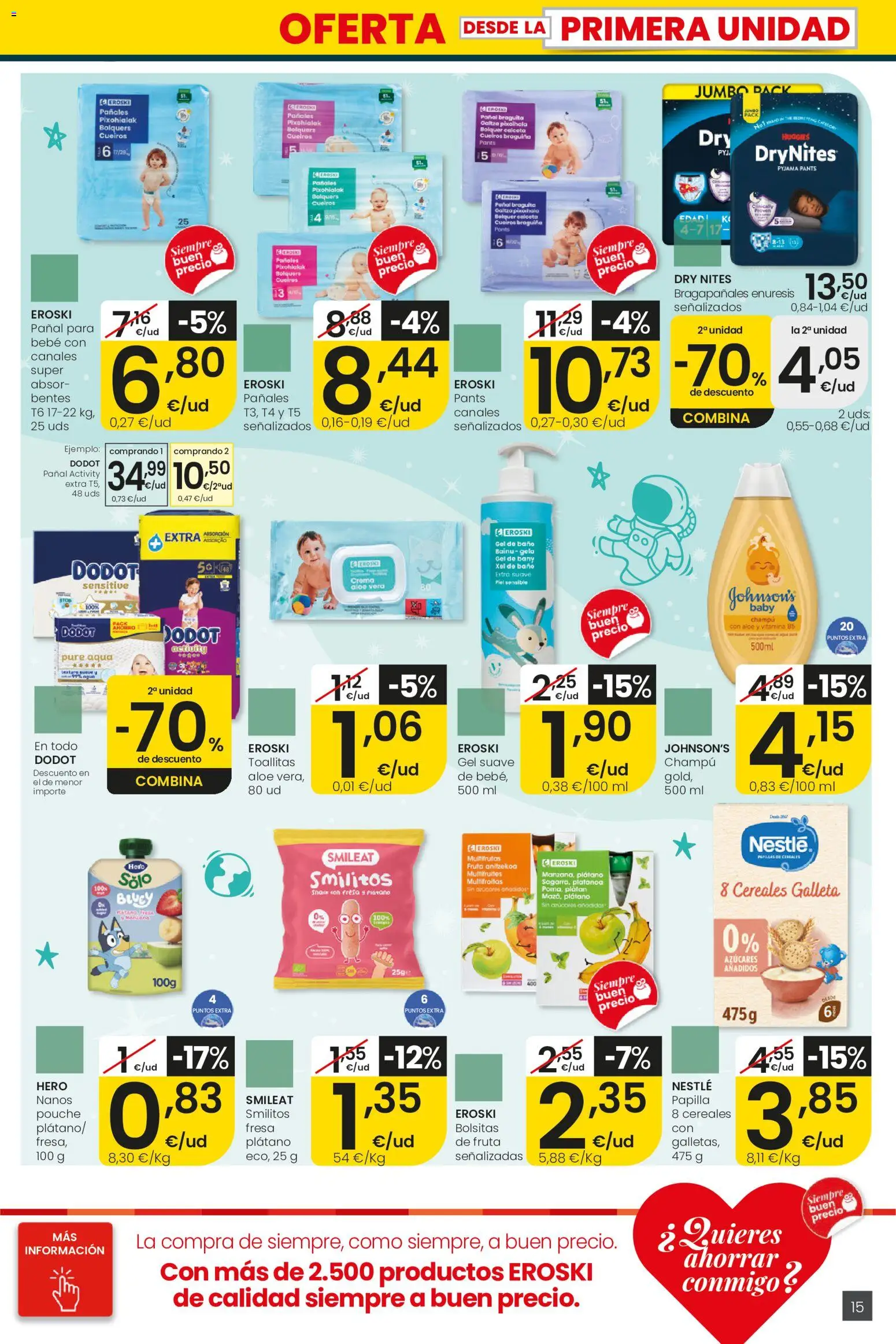 Eroski folleto │ válido desde el 01/10/2026 | Página: 15 | Productos: Puré, Fruta, Pañales, Baño
