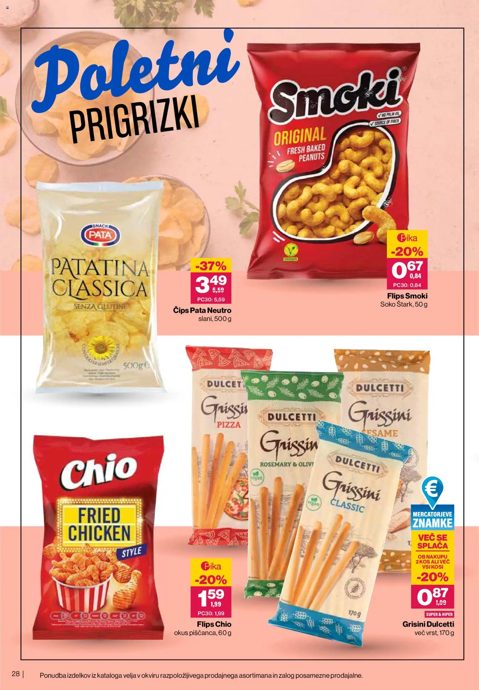 Novi Mercator katalog ponudbe – veljaven od 27.05.2026 | Stran: 28 | Izdelki: Grisini, Kos, Prigrizki, Cips