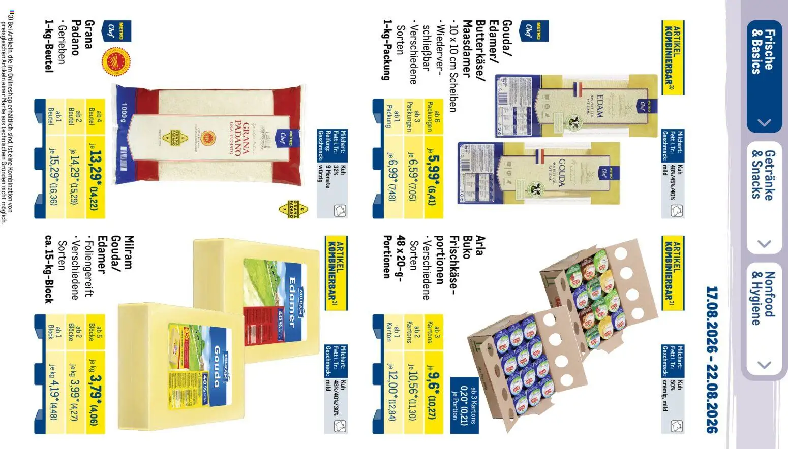 Metro NonFood-Angebote – gültig ab 17.08.2026 | Seite: 45 | Produkte: Grana Padano, Gouda, Milram, Frischkase