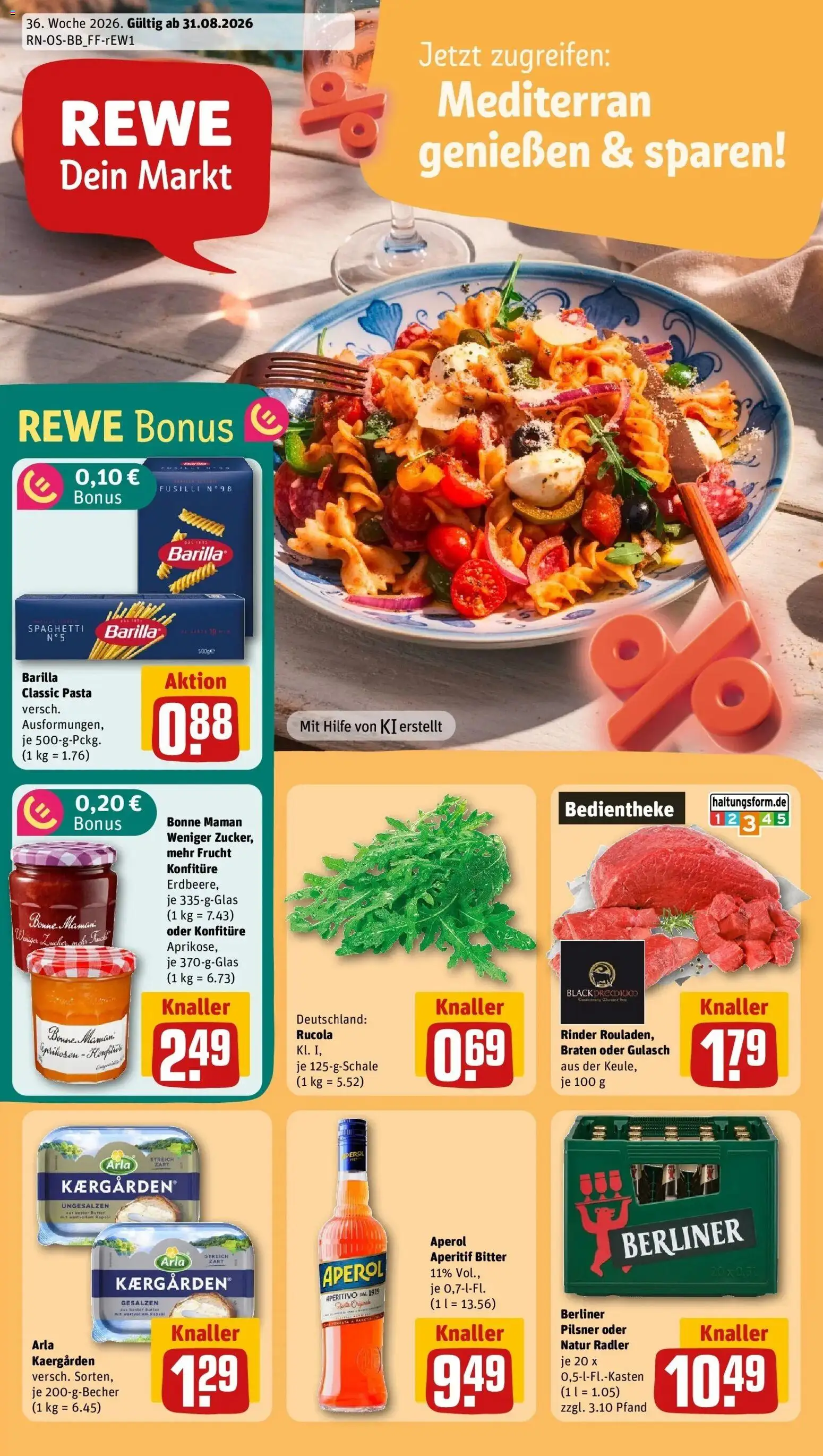 REWE Prospekt ab 31.08.2026 zum Blättern » Angebote | Seite: 1 | Produkte: Berliner, Zucker, Pasta, Aperol