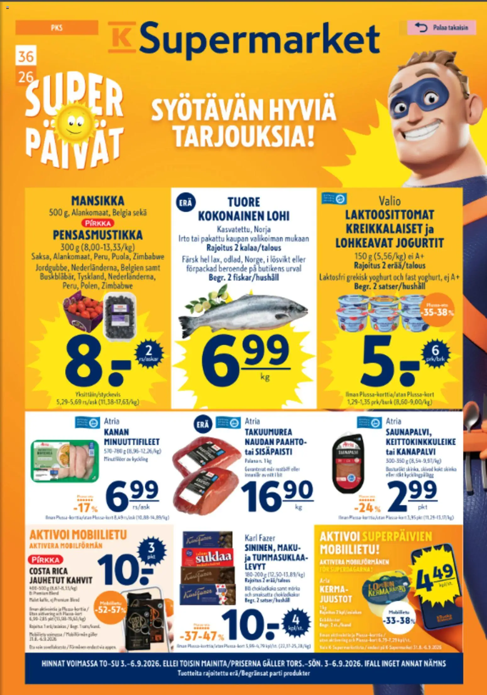 K-Supermarket tarjoukset – voimassa 03/09/2026 alkaen | Sivu: 1 | Tuotteet: Lohi, Kokonainen, Suklaa, Kerma