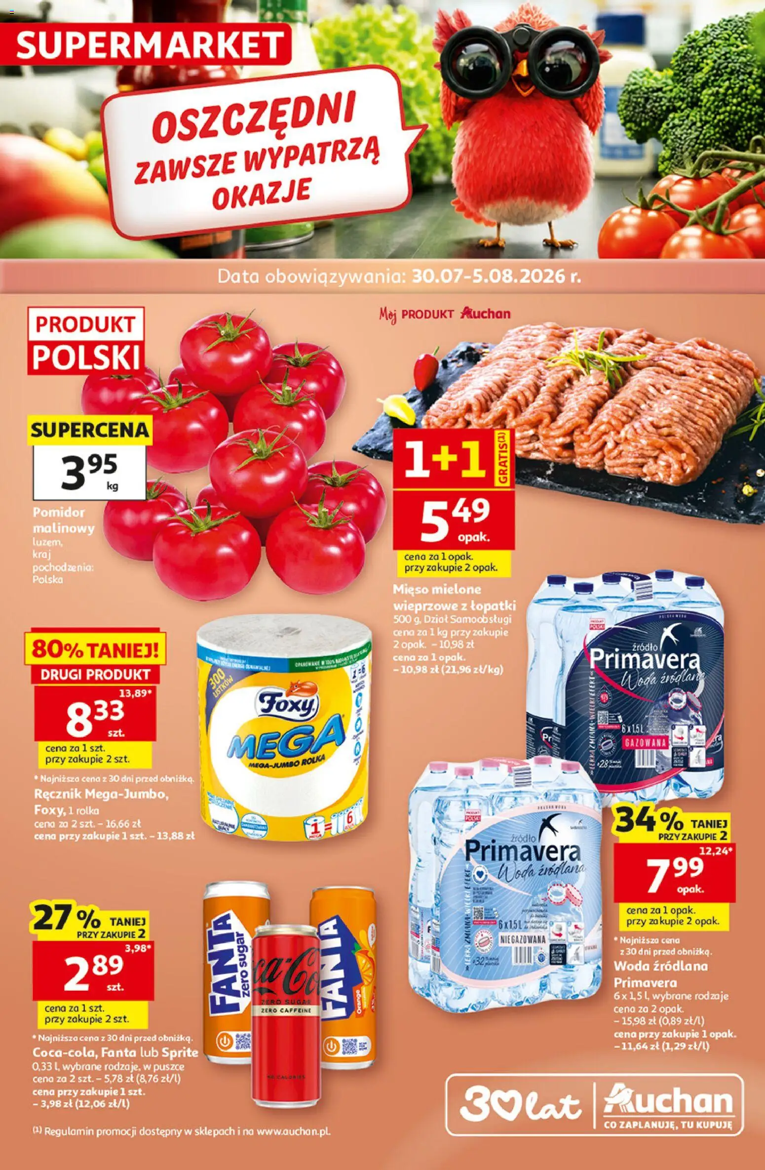 Auchan gazetka od 30.07.2026 | Strona: 1 | Produkty: Pomidor malinowy, Mięso, Woda źródlana, Woda