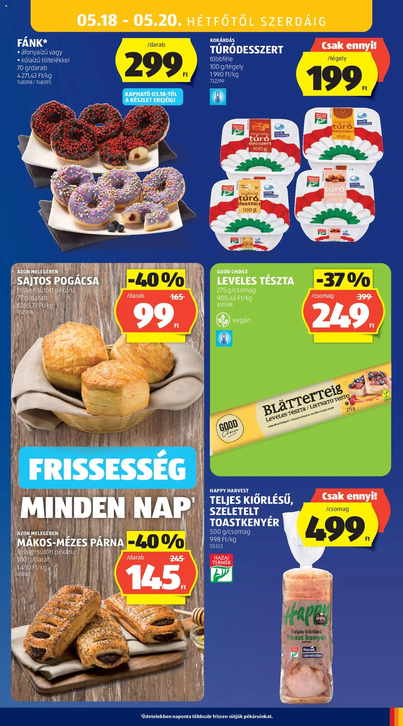 Aldi akciós ujság - amely érvényes a következő dátumtól: 14.05.2026 | Oldal: 35 | Termékek: Leveles tészta, Kenyér, Tészta, Túró