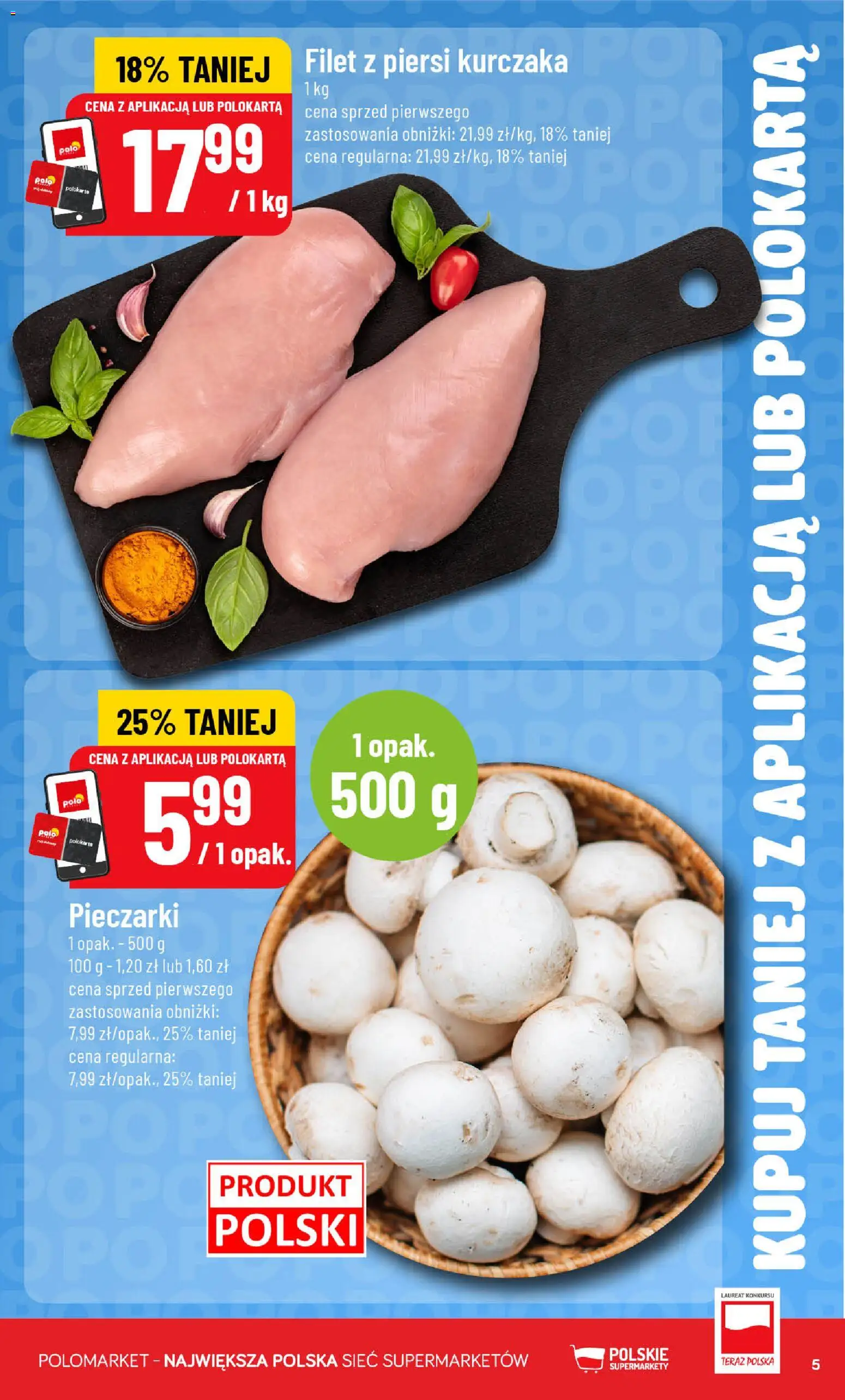 Nowa POLOmarket gazetka od jutra 07.10.2026 | Strona: 5 | Produkty: Pieczarki, Piersi, Filet, Filet z piersi kurczaka