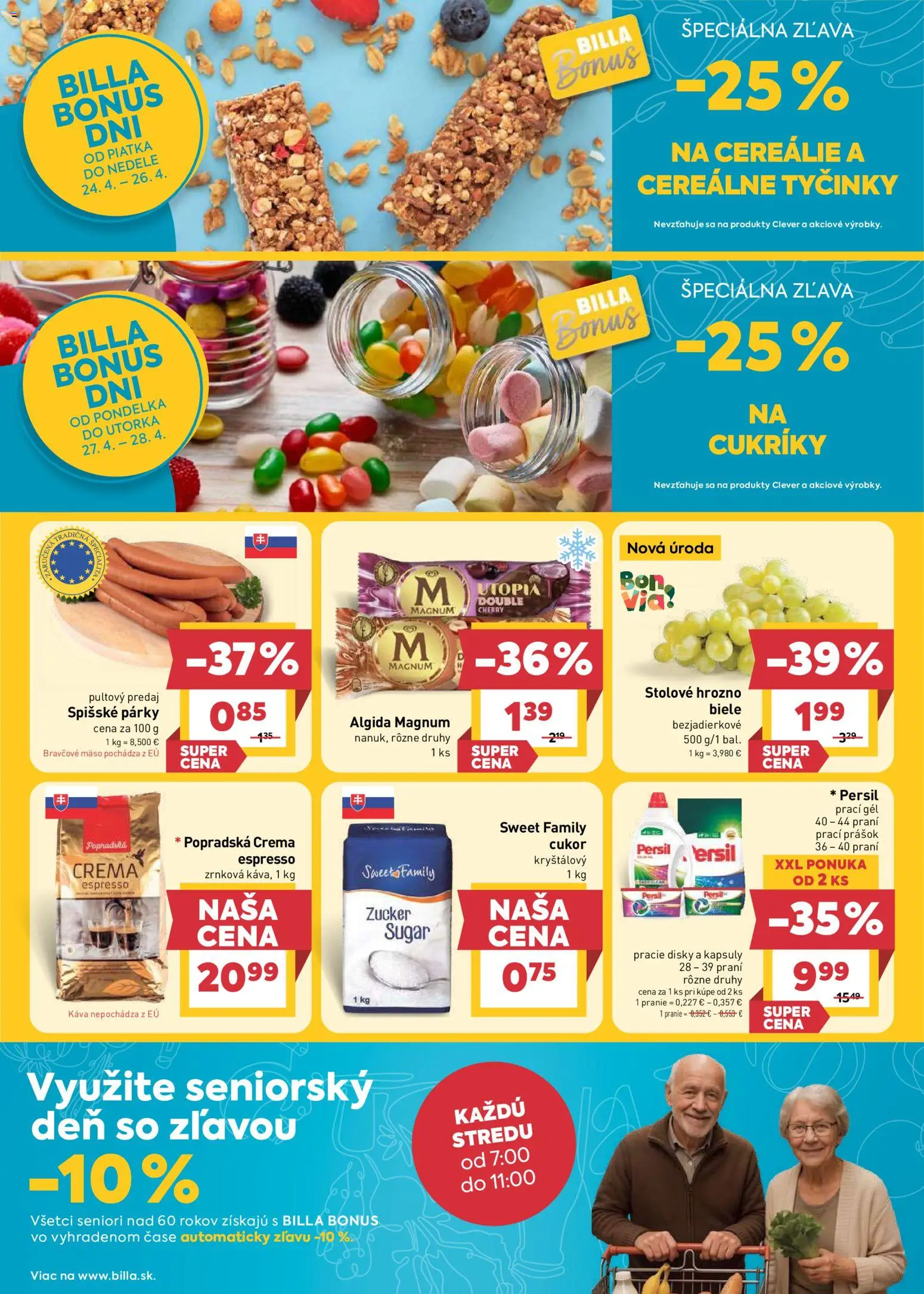 Nové Billa akcie – leták je platný od 22.04.2026 | Strana: 24 | Produkty: Prací prášok, Bravčové mäso, Cukríky, Cereálie