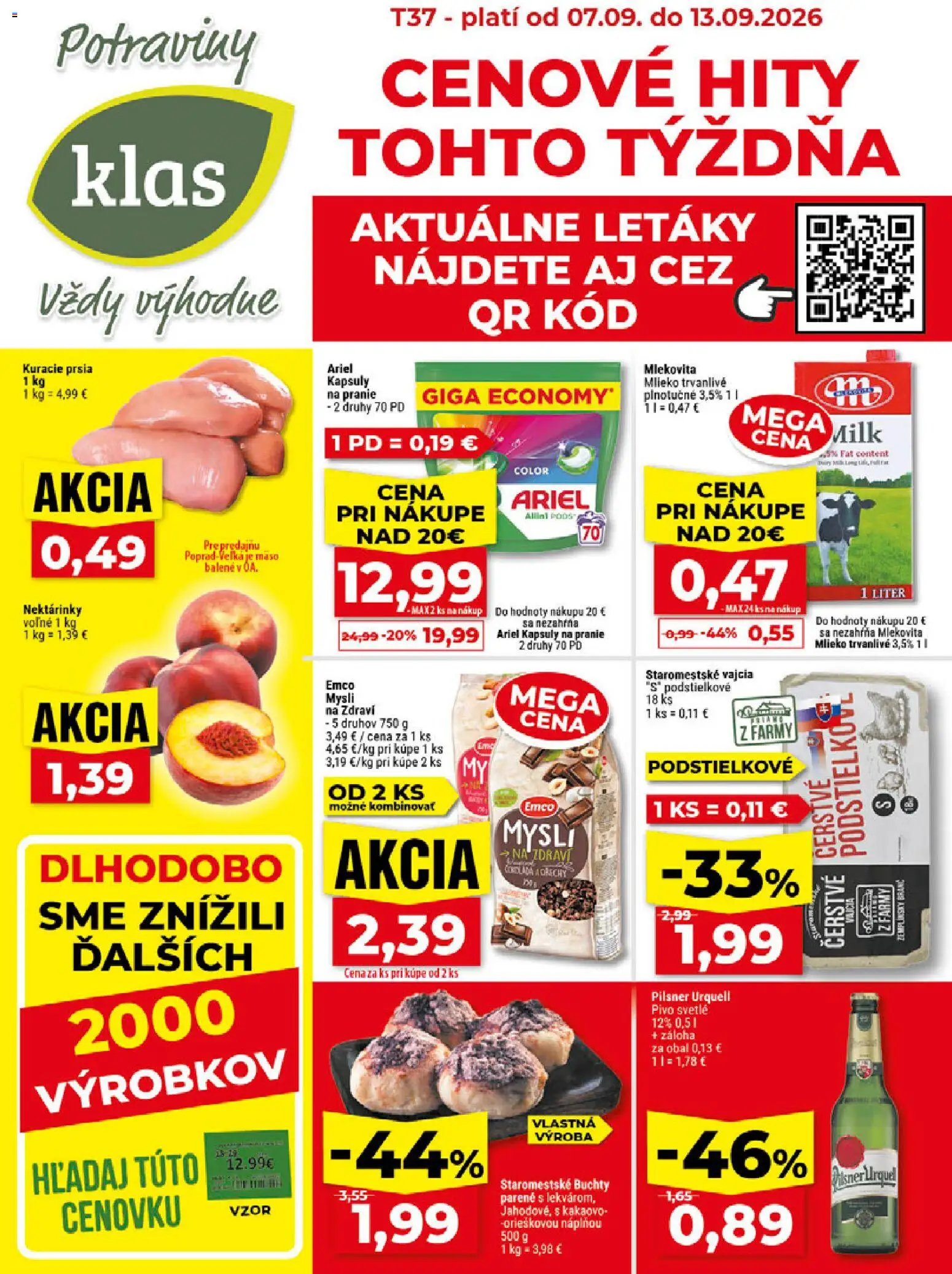 Nové Klas akcie – leták je platný od 07.09.2026 | Strana: 1 | Produkty: Mlieko, Mäso, Kuracie prsia, Orechy