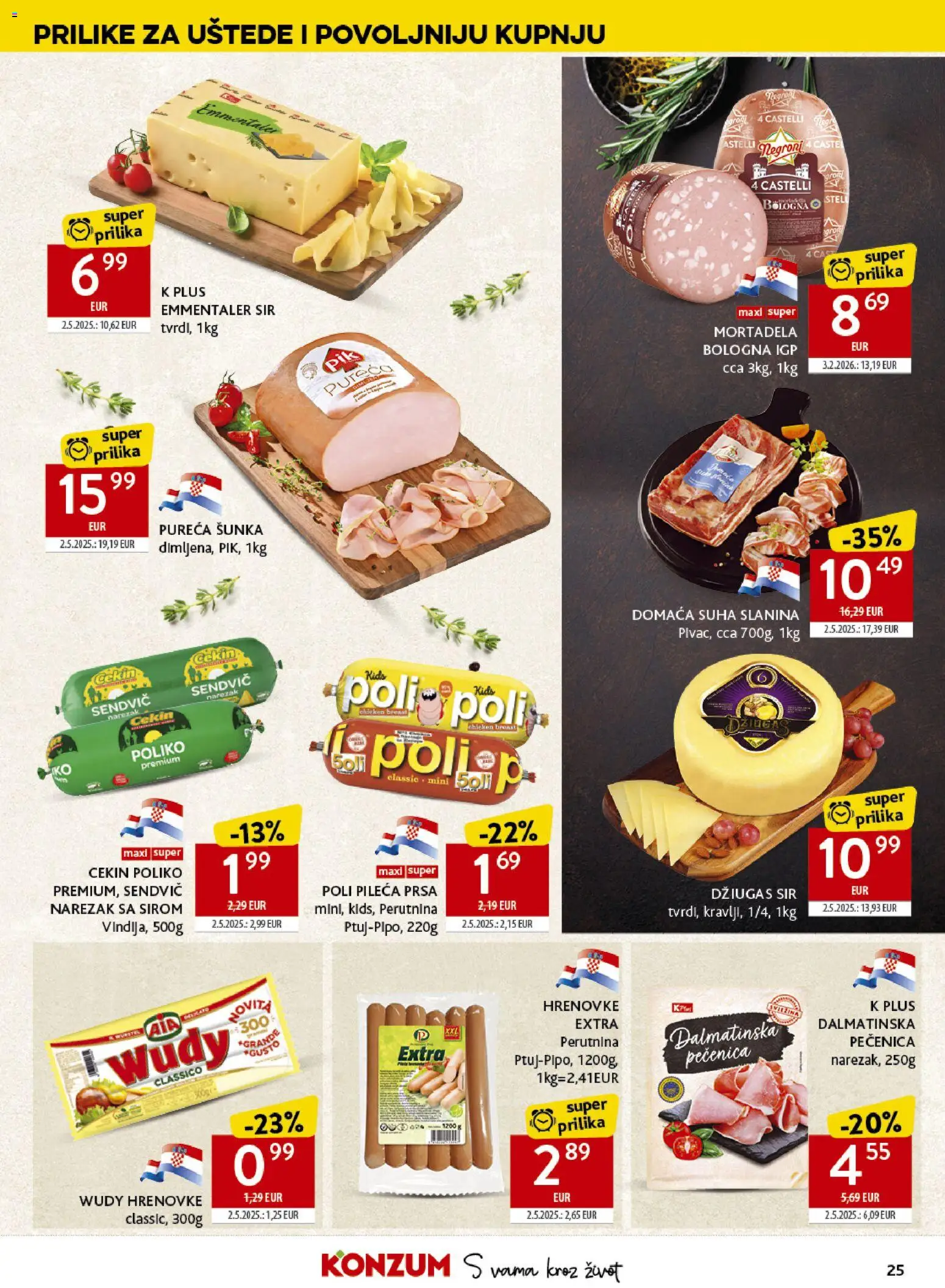 Konzum katalog | vrijedi od 17.06.2026 | Stranica: 25 | Proizvodi: Sir, Hrenovke, Mortadela, Pileća prsa