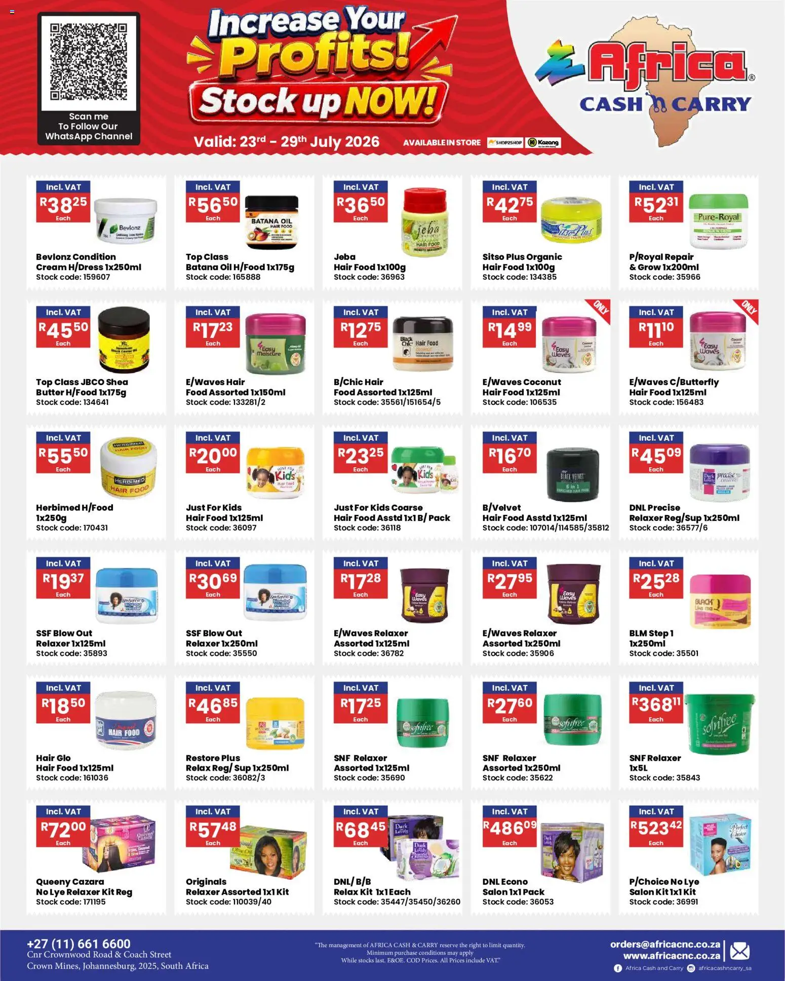 New Africa Cash & Carry catalogue – valid from 23/07/2026 | Page: 3 | Products: Butter, Cream, Stock, Relaxer