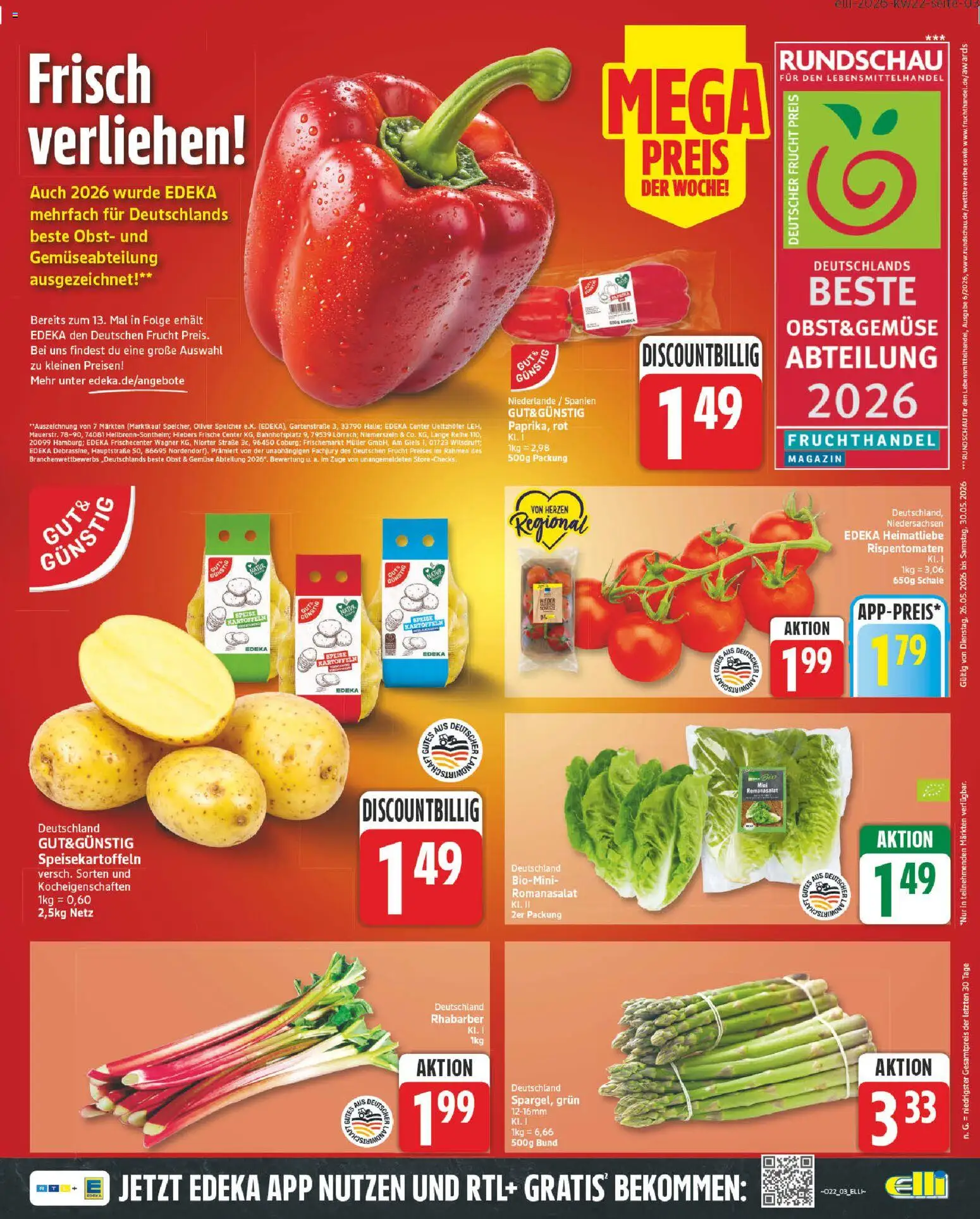 Elli Markt Aktueller Prospekt – gültig ab 26.05.2026 | Seite: 3 | Produkte: Kartoffeln, Gemüse, Obst, Rhabarber