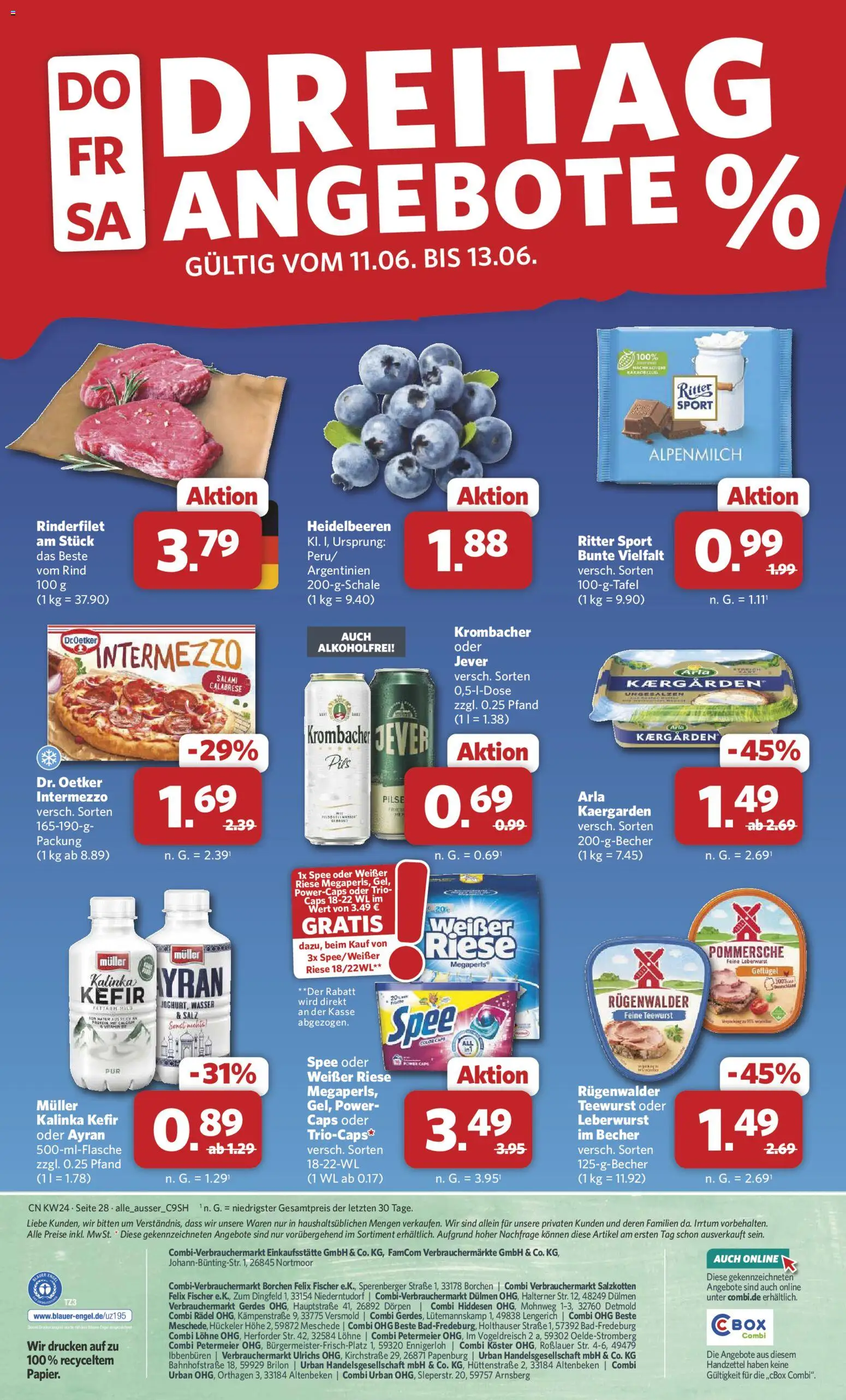 Combi Prospekt – gültig ab 08.06.2026 | Seite: 30 | Produkte: Rinderfilet, Heidelbeeren, Spee, Salz